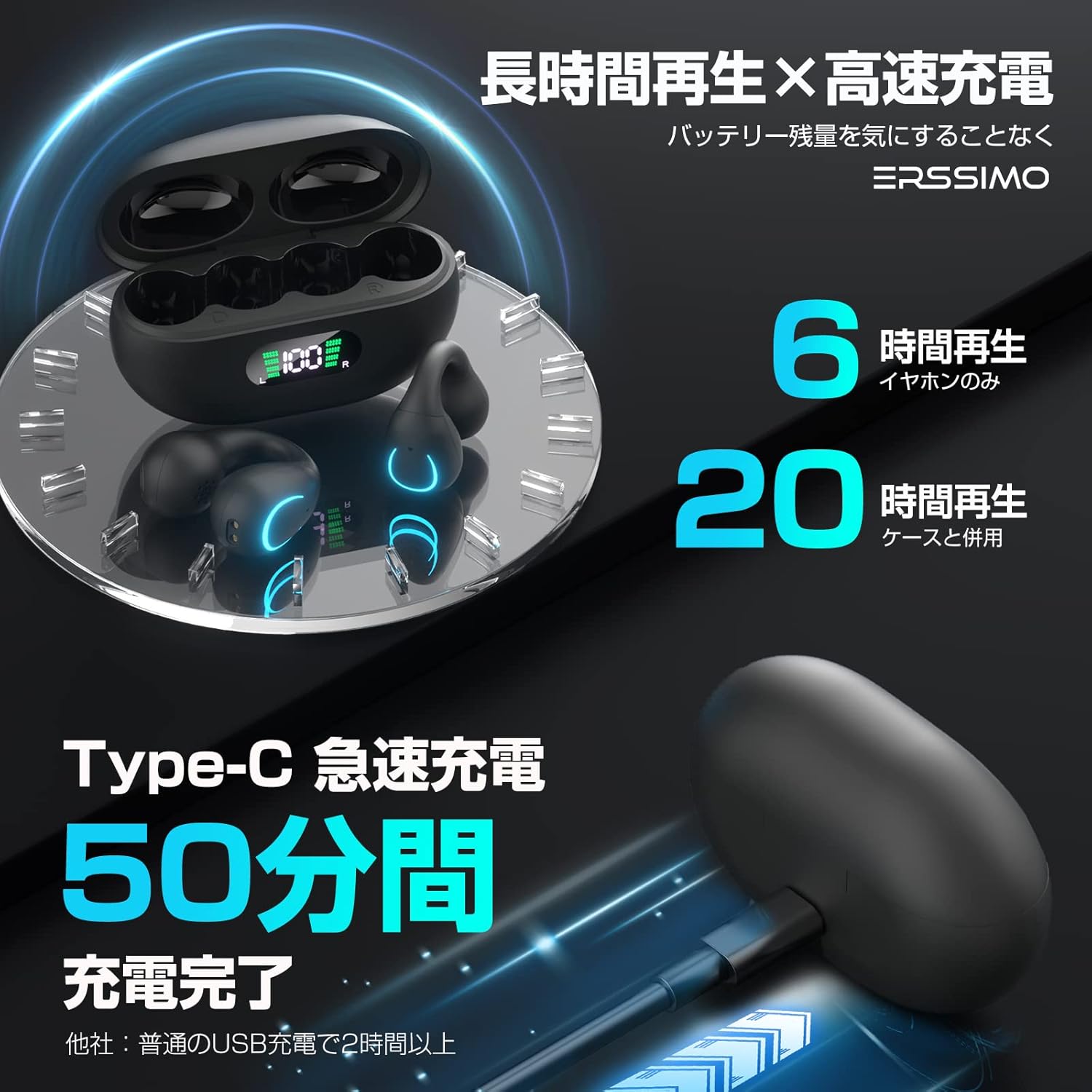 Erssimo Ear Cuff Earphones charging case with battery life and charging speed details