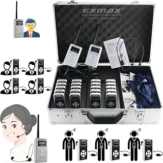 EXMAX ATG‑100T Plus Wireless Tour Guide Audio Transmission System, Transmitter‑Receiver Kit for Hotel Reception Summit Conference Simultaneous Interpreter (2 TX &20 RX,32‑Slot Pogo‑Pin Charging Case)