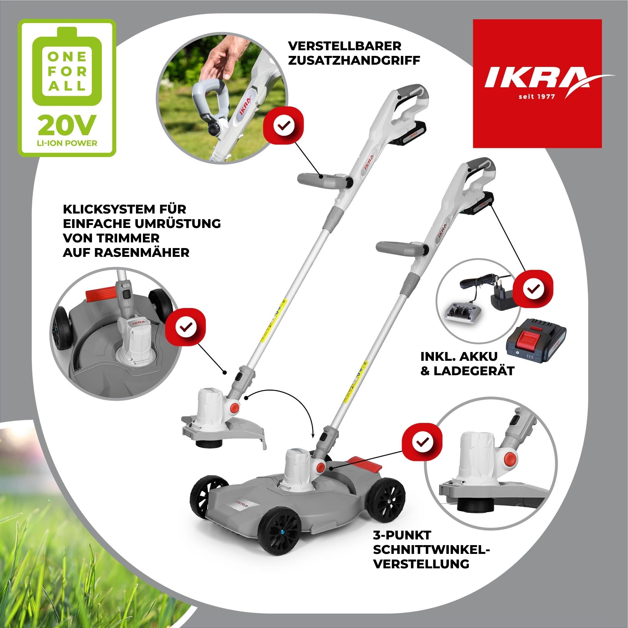 IKRA 2in1 Akku Rasentrimmer Rasenmäher IART 2030 F inkl. 3 Fadenspulen | Inkl. Akku 20V 2,0Ah & Ladegerät, für kleine Rasenflächen, Klicksystem für schnelles Umrüsten, 20 Volt Akku-Familie von IKRA