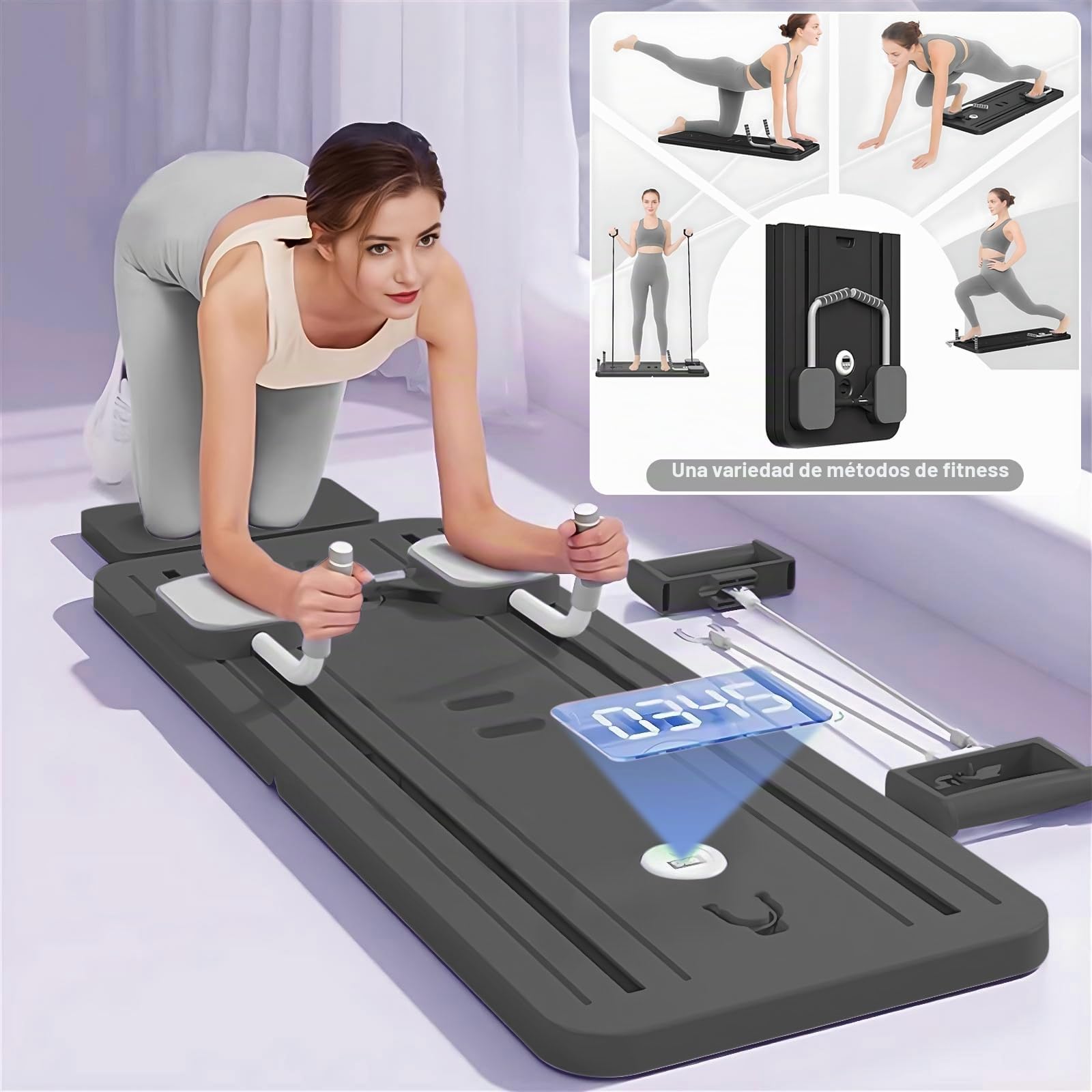 VHV Pilates Reformar Compacto, 5 en 1 Pilates Plegable,La rueda abdominal push-up rebota automáticamente temporizador, Ab Roller Fitness Material para el hogar y el gimnasio