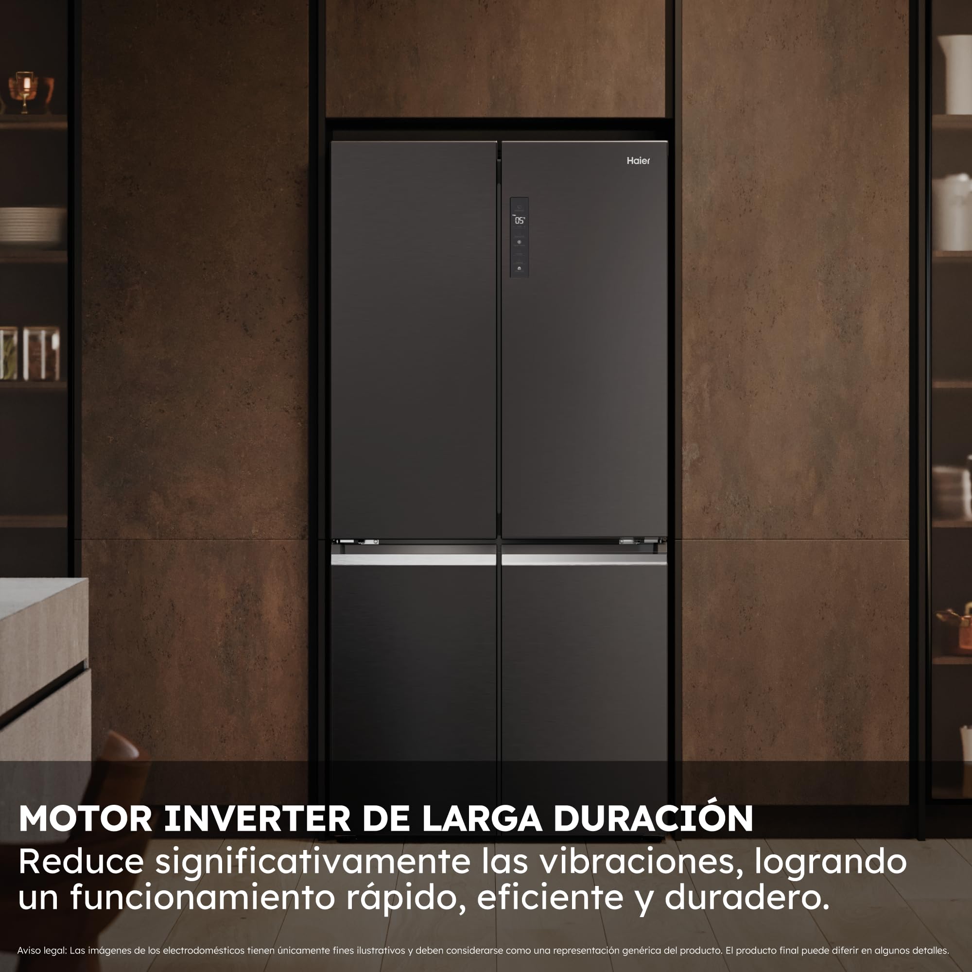 Haier Cube 90 Series 7 HCR79F19CNMD - Frigorífico 4 Puertas, Congelador 2 Zonas, Motor Inverter, Air Surround, Cajón Humidity Zone, Total No Frost, An 90,5cm, Capacidad 642L, Daylight, 37dB, Dark Inox