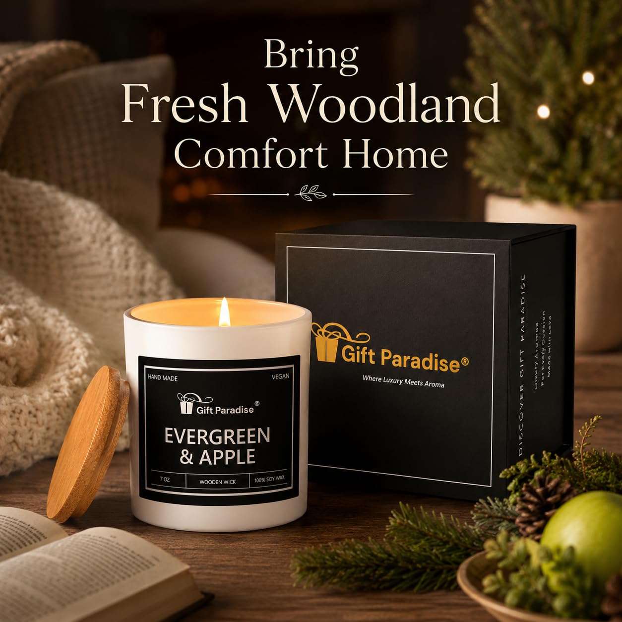 Gift Paradise® Evergreen & Apple Bougie de soja 200 ml Boîte cadeau magnétique
