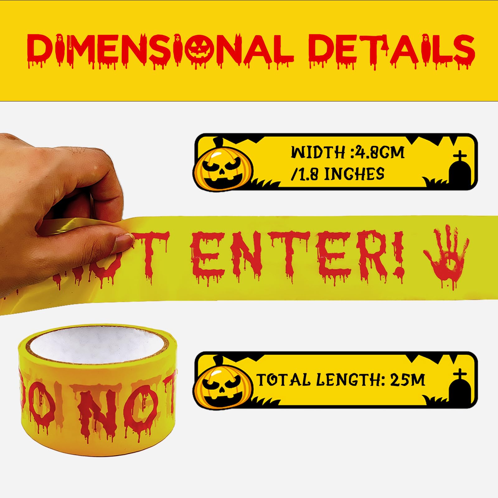 Ruban De Signalisation Halloween - 25 M, Jaune, Adhésif Sans Résidu - Pour Décorations Et Sécurité De Fête