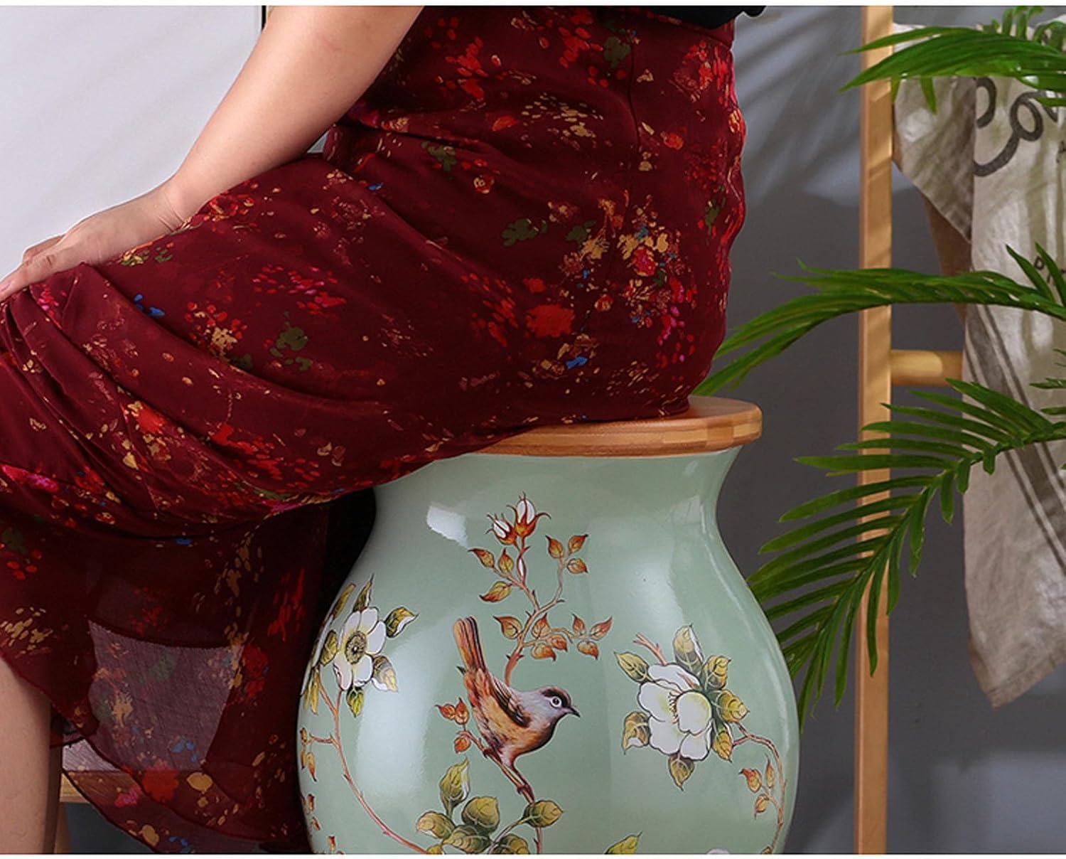 Glazed Ceramic Garden Stool - Hand-Painted Stool Chinese Style Drum Side Table for Cottage, Bathroom, or Porch(I)