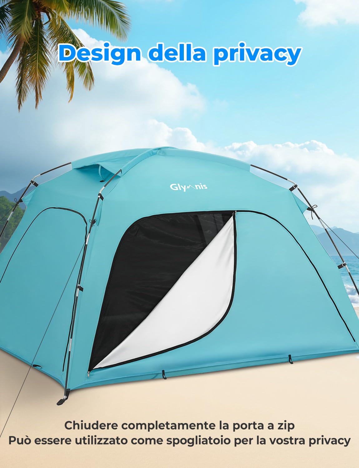 Glymnis Tenda da spiaggia grande per 3-4 persone, portatile, protezione UV, riparo dal sole, tenda leggera per picnic e pesca