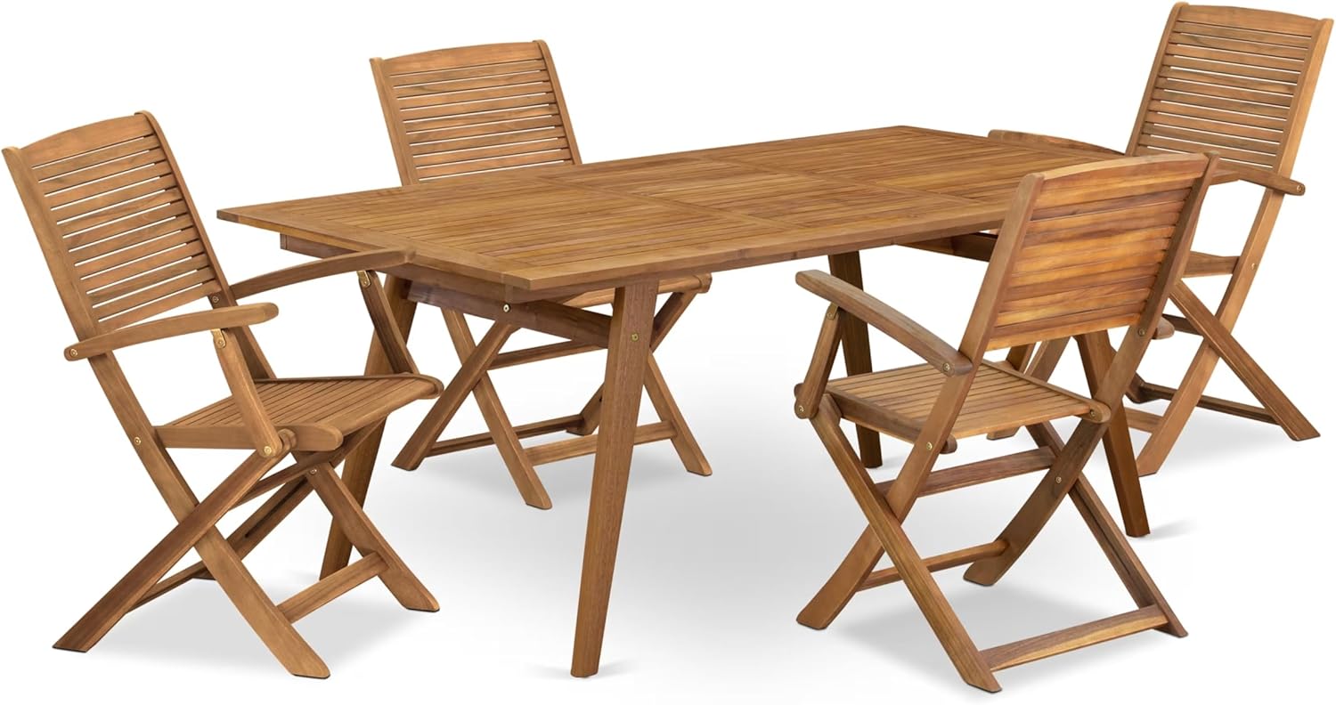 East West Furniture DEHD5CANA 5 Piece Patio Garden Table Set Includes a Rectangle Outdoor Acacia Wood Dining Table and 4 Folding Arm Chairs, 40x72 Inch, Natural Oil