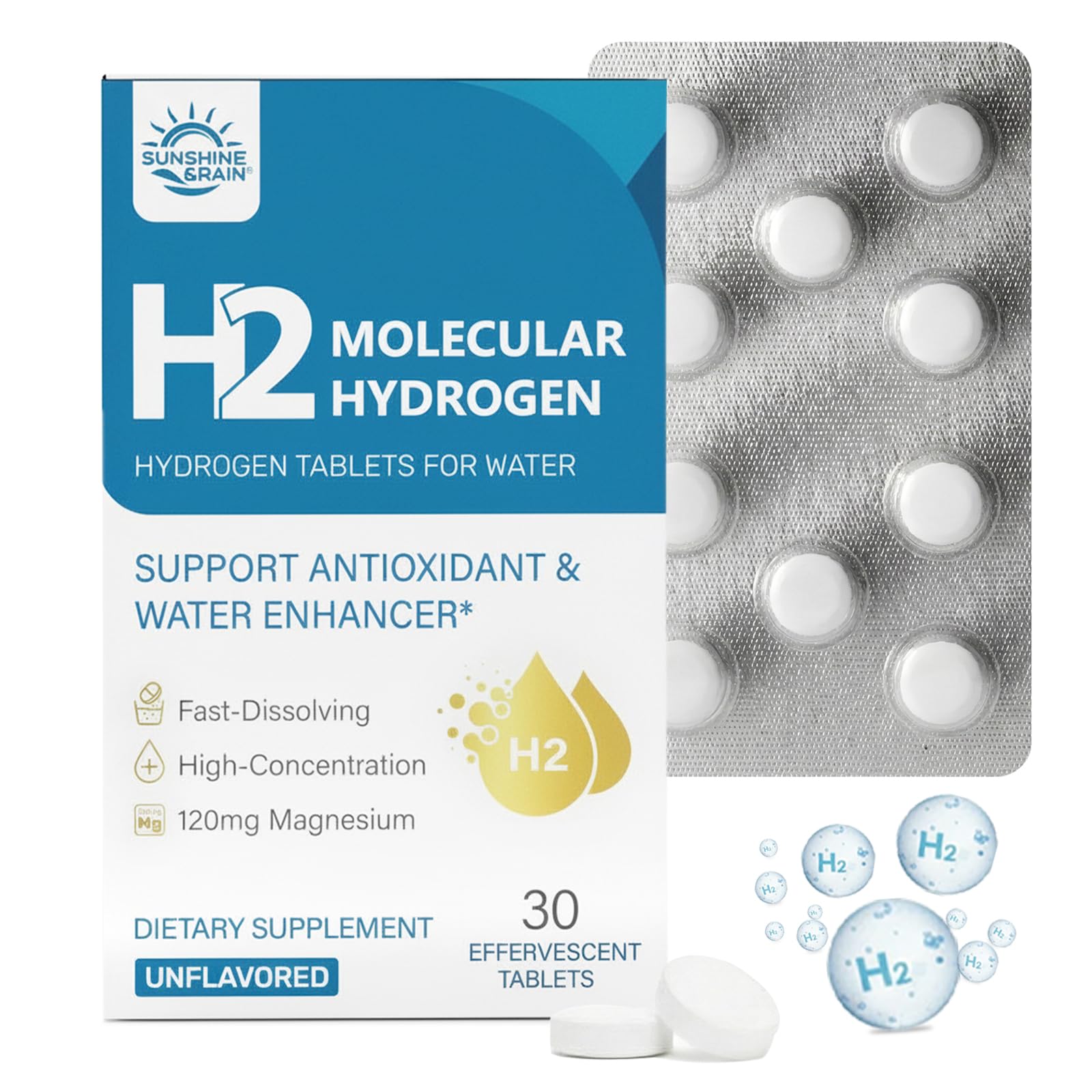 Hydrogen Tablets, Molecular Hydrogen H2 Tablets, 16 PPM Hydrogen Water Unflavored 30 Count (Pack of 1)