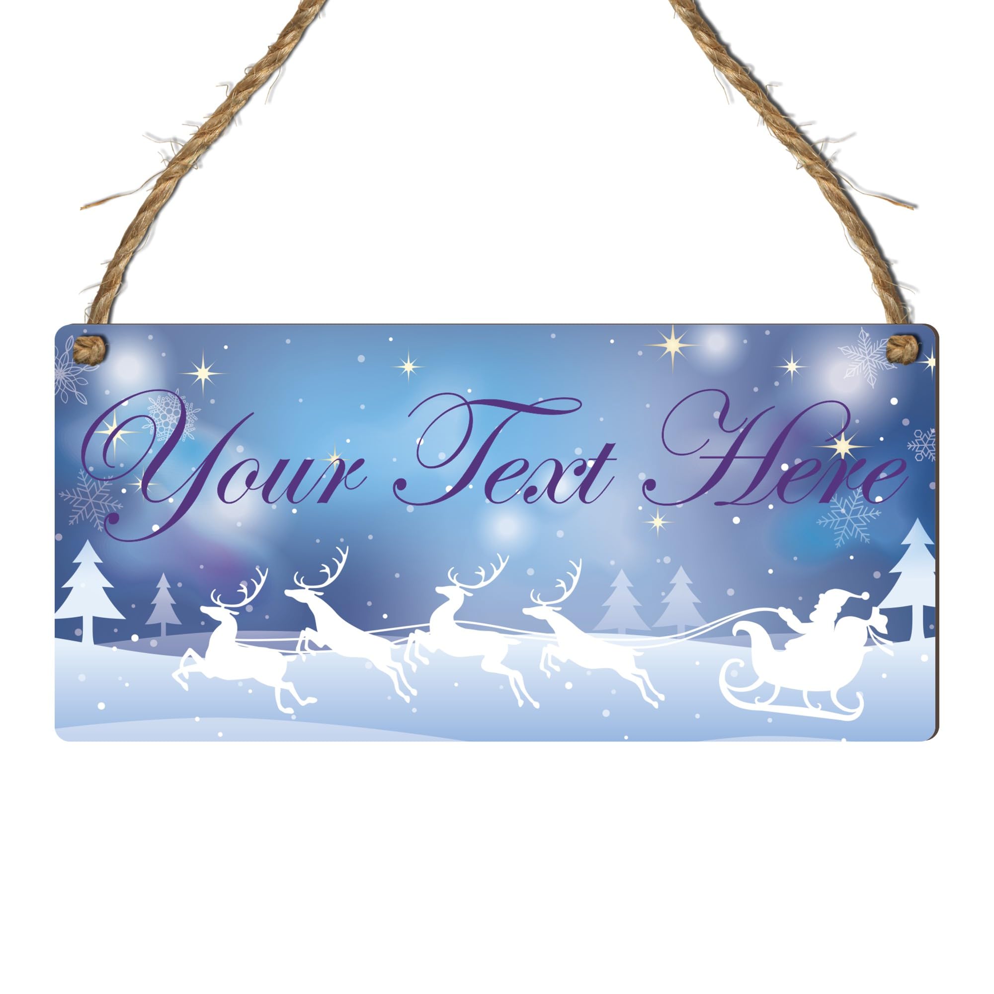 Personalised Winter-Themed Hanging Plaque | Custom Text Option for Holiday & Seasonal Decor, Gift For Christmas, or Home Decoration (Purple & Blue with Santa Sleigh, Mdf Wood Indoor Use Only)