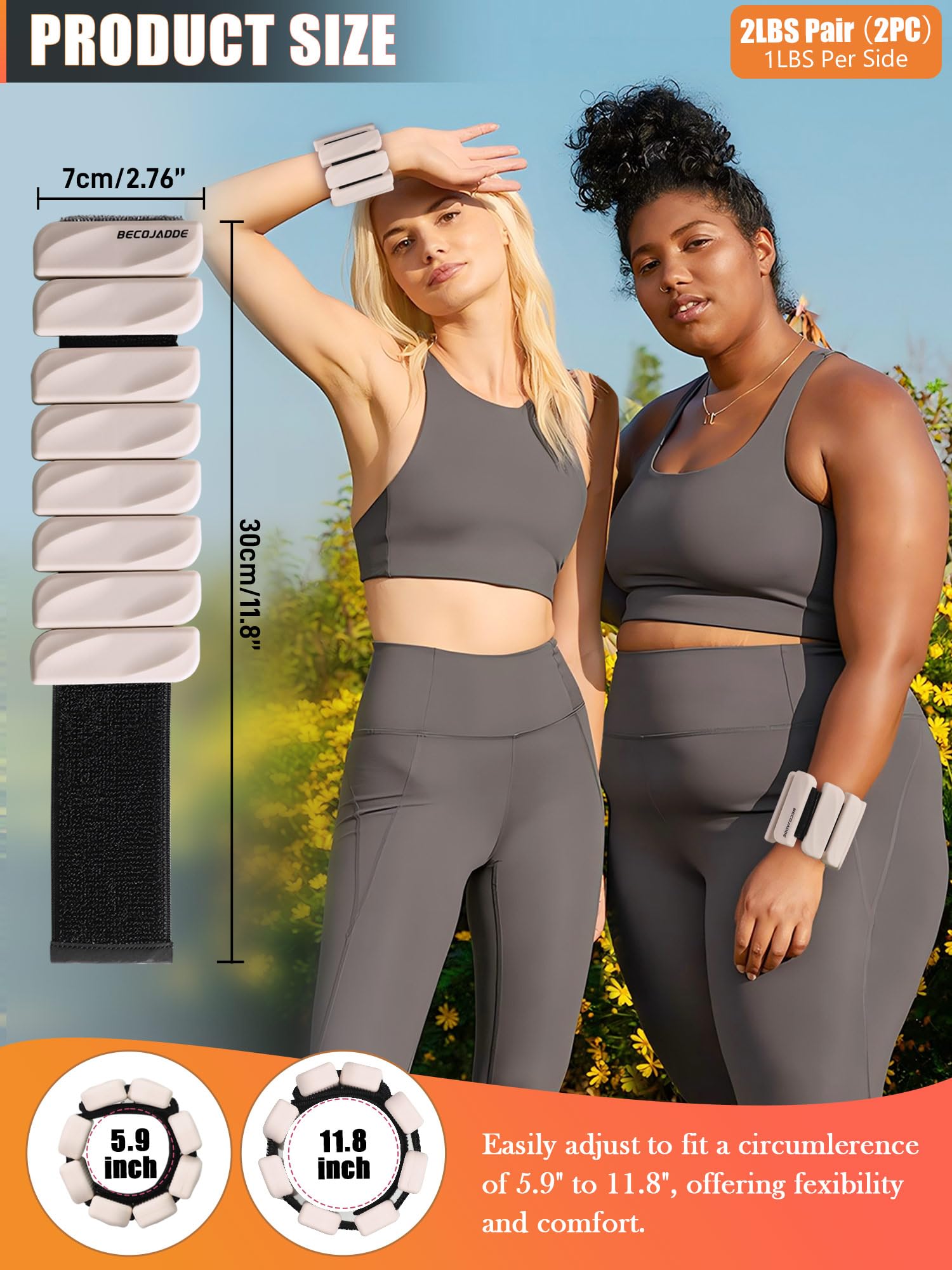 BECOJADDE Ankle Weights for Women Men Set of 2 (0.45 Kg Each) Adjustable Wrist Weights Bracelet for Home Gym Weighted Wristbands Leg Arm Weights for Walking Swimming Running Pilates Yoga Beige - Image 3