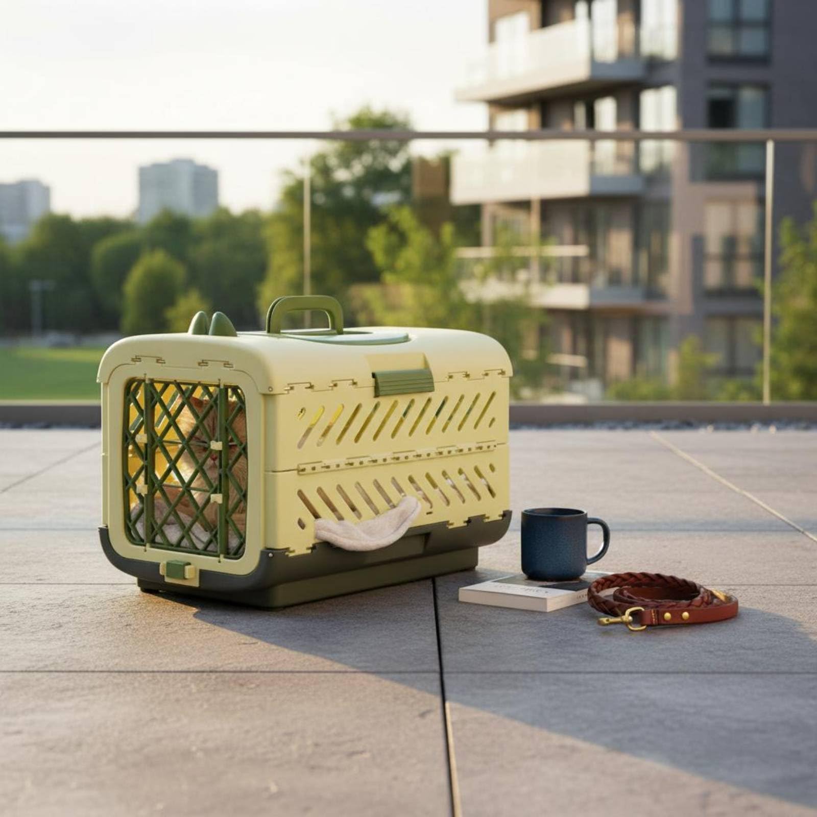 Gralara Transportín para Gatos Transportín Jaula Contenedor Mochila Plegable con Diseño Portátil y Estable Ventilación Lateral y Estructura Rígida Material PP, Verde