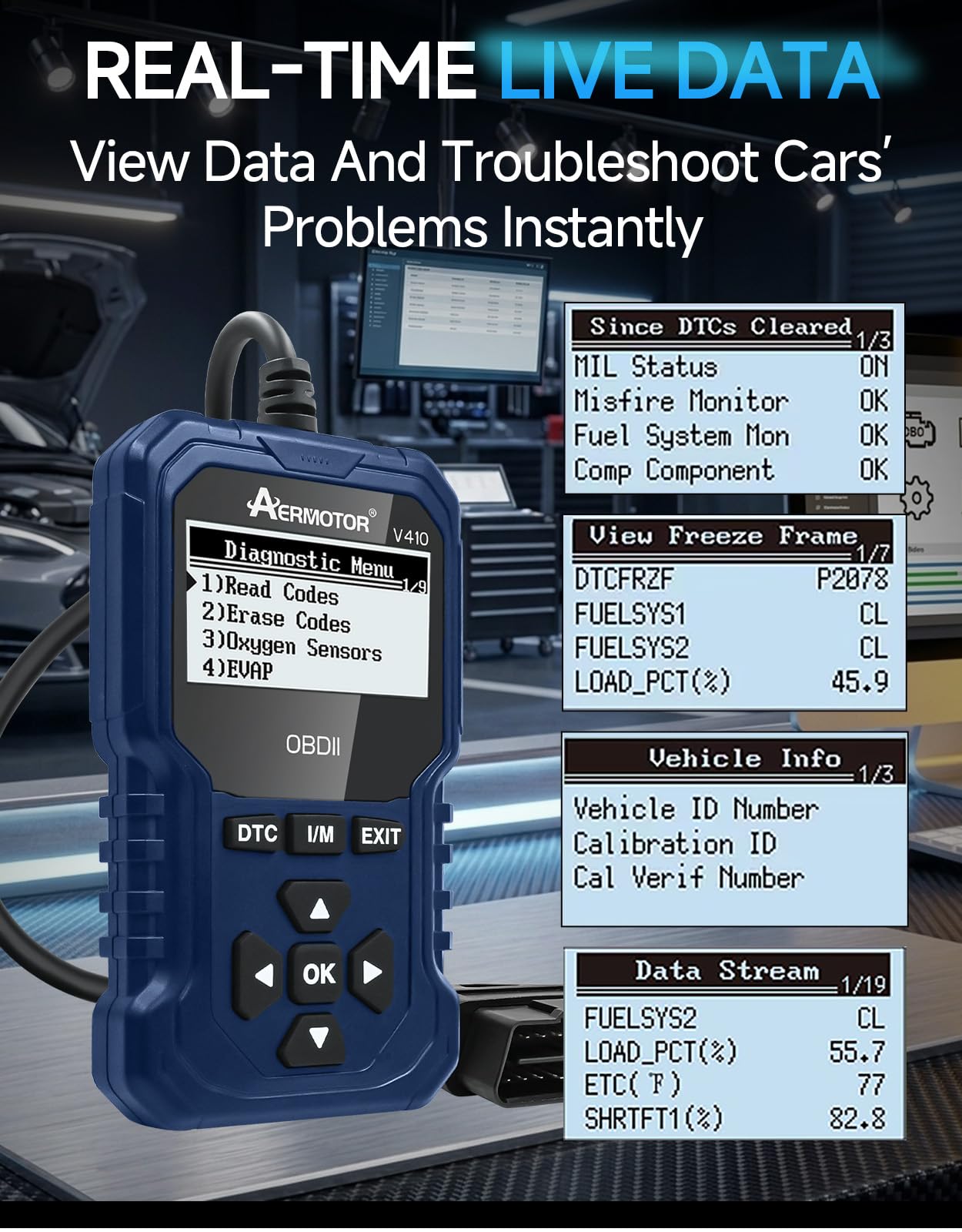 V410 OBD2 - Lector de código de escáner para coche, herramienta de diagnóstico con luz de comprobación del motor, datos gráficos en vivo, prueba de humo I/M, prueba de voltaje de la batería