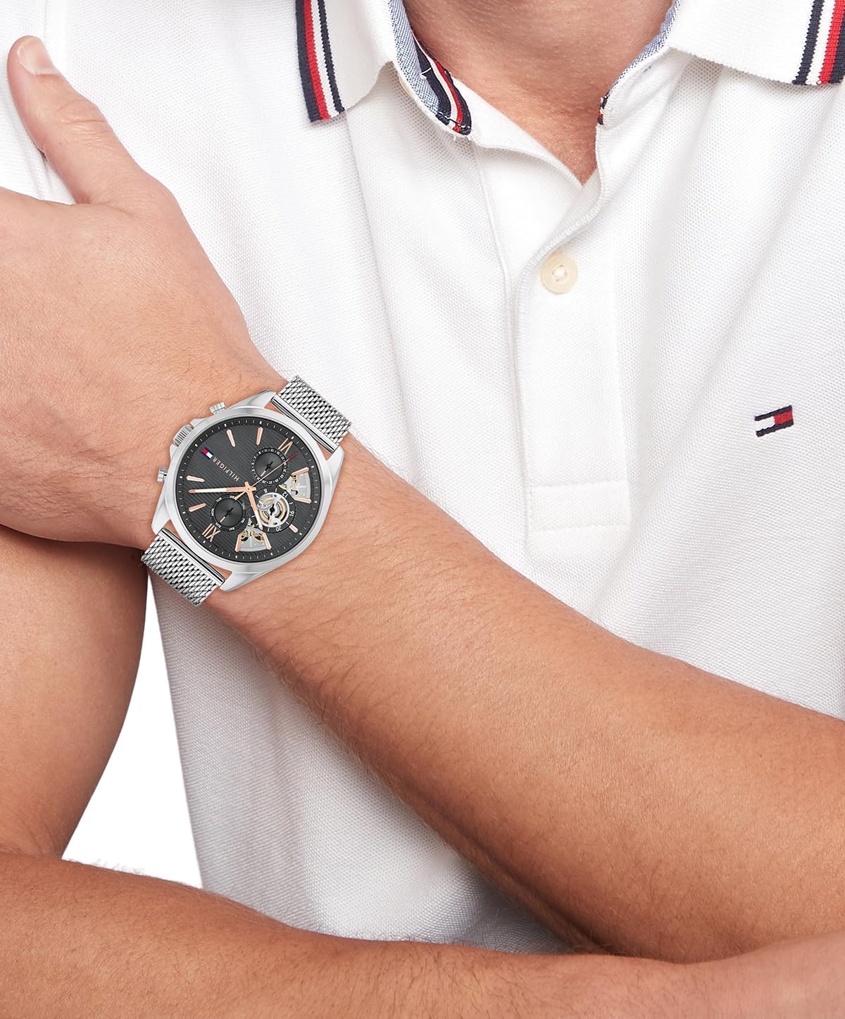 Tommy Hilfiger Men's Watch – Quartz Multifunction, 44 mm Stainless Steel Case, Skeleton Dial, Mesh Bracelet – Dress Watch for Men - Image 4