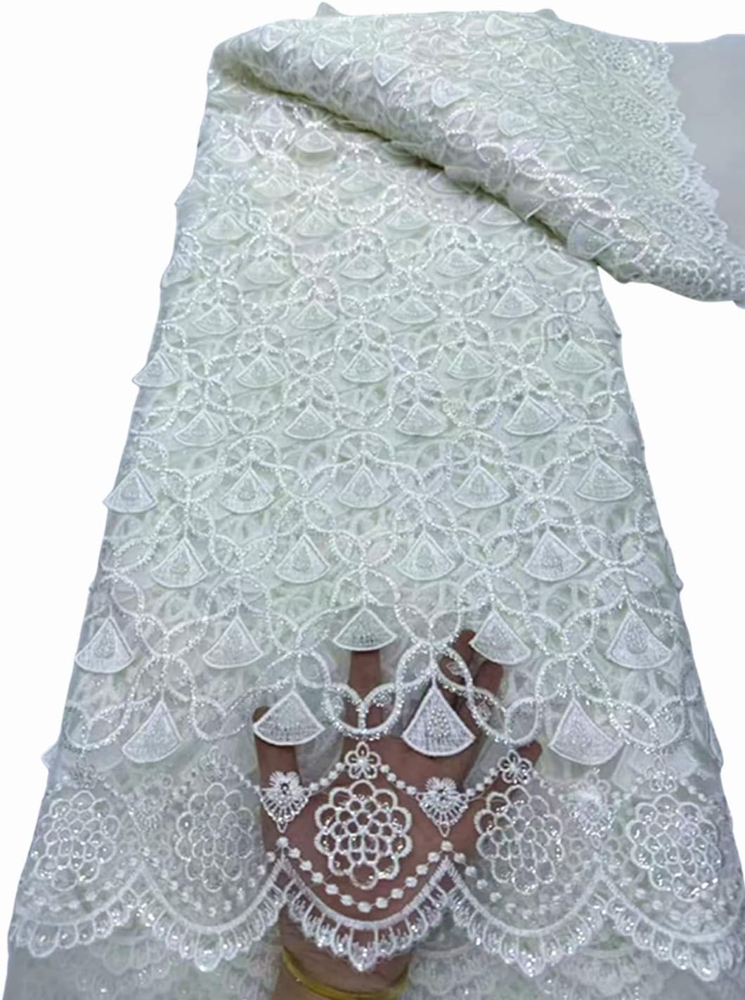 African Beaded Sequins Embroidery Lace, Unique Fabri French Tulle Lace Fabric for Bridal Wedding Sewing, 5 Yards (Champagne)