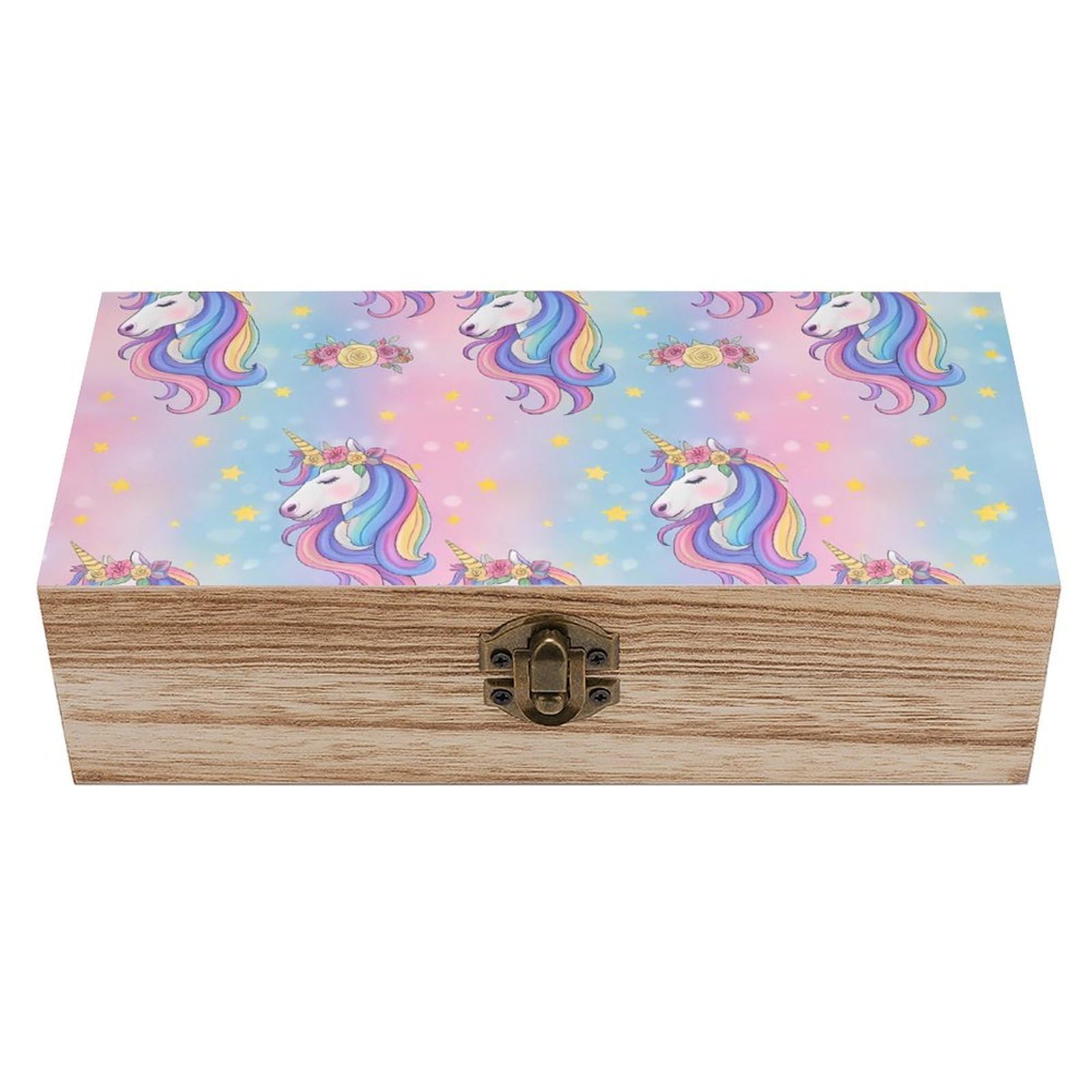 SMAZDFXX Cute Unicorns Wooden Storage Box With Hinged Lid Decorative Front Clasp Keepsake Boxes