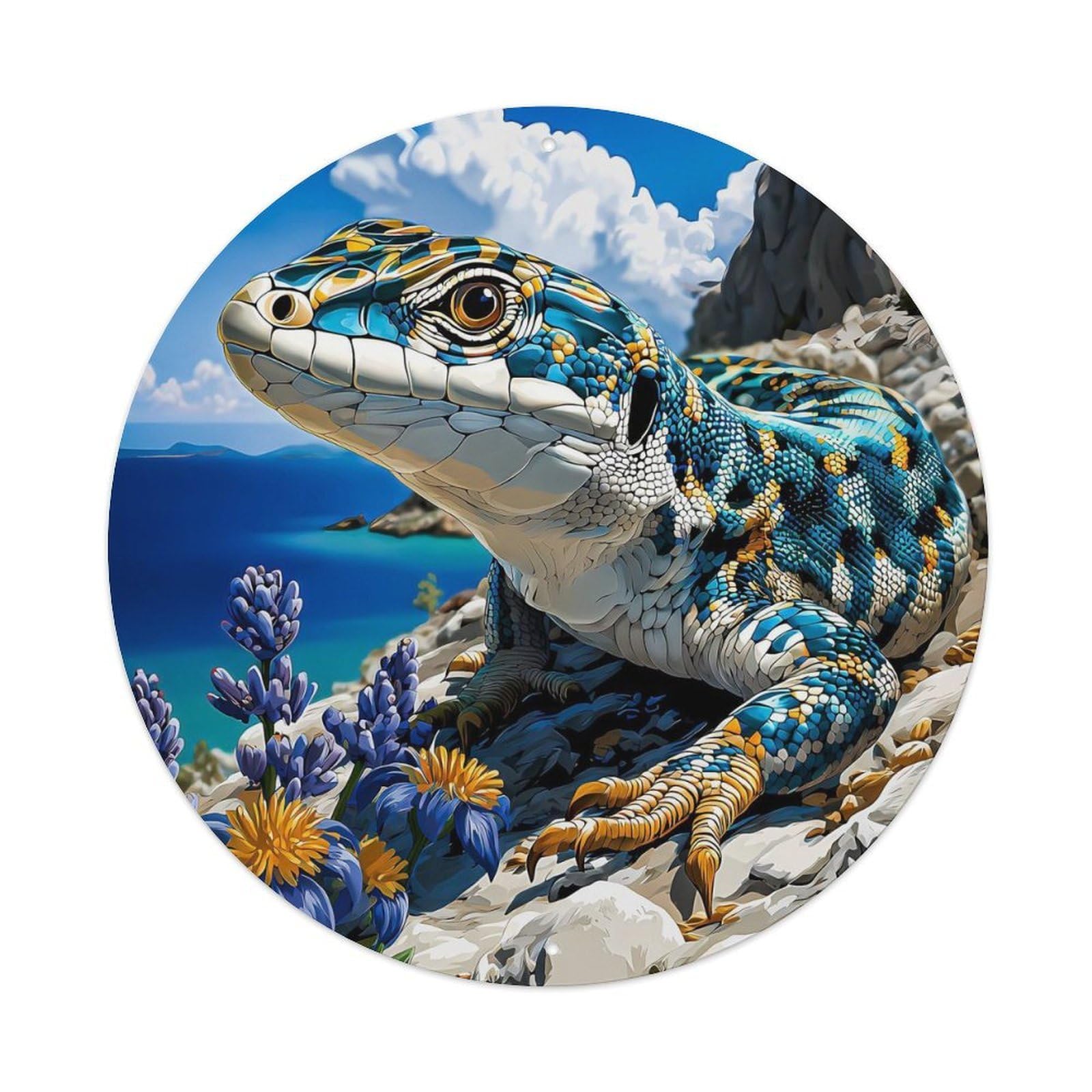 Animal Blue Lizard Mediterranean Coast Grape Hyacinth Ocean Landscape Vintage Metal Tin Sign Plaque Wall Decor for Cafe, Club Bar, Office, Garden Metal Poster 8x8Inch
