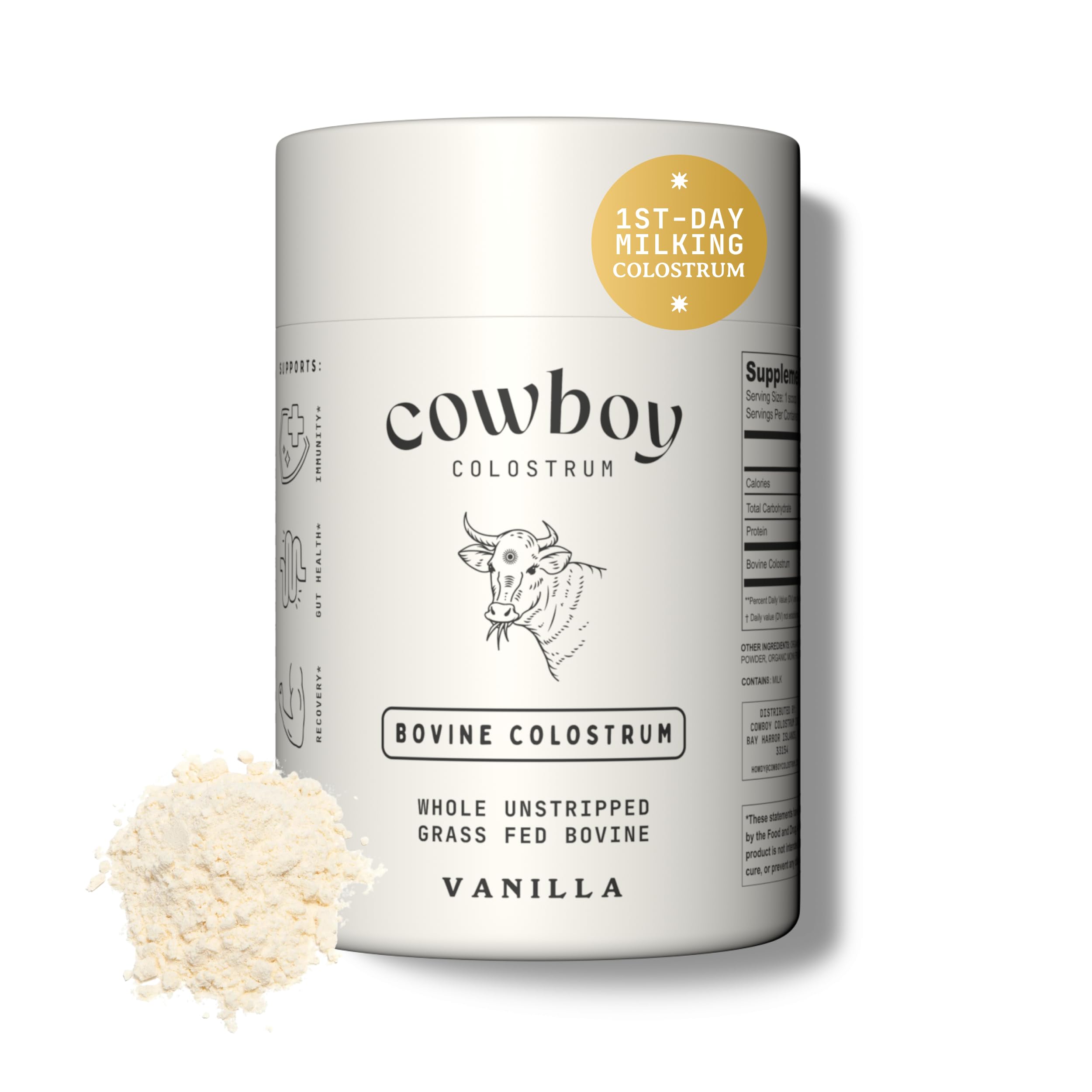 Cowboy Colostrum Powder - Bovine Colostrum Powder for Women & Men - First Day Milking Whole Colostrum - Grass Fed Colostrum Supplement for Gut Health, Immunity, Skin & Hair (Vanilla 40 Servings)