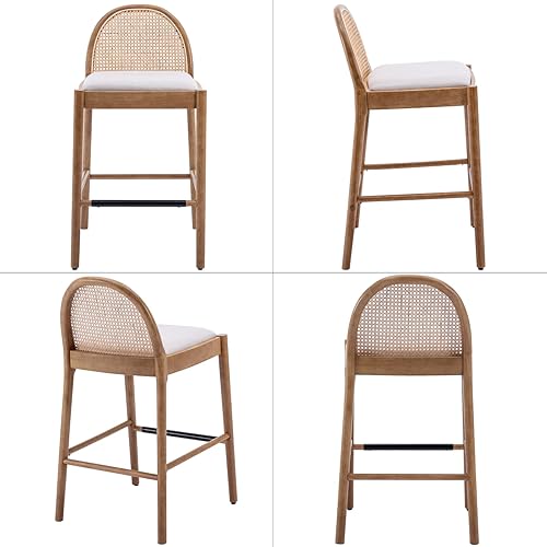 Miniatura 3 de LukeAlon Juego de 2 taburetes de bar modernos de sherpa, de 26 pulgadas de altura de asiento, con patas de madera, caña de ratán natural, sillas de