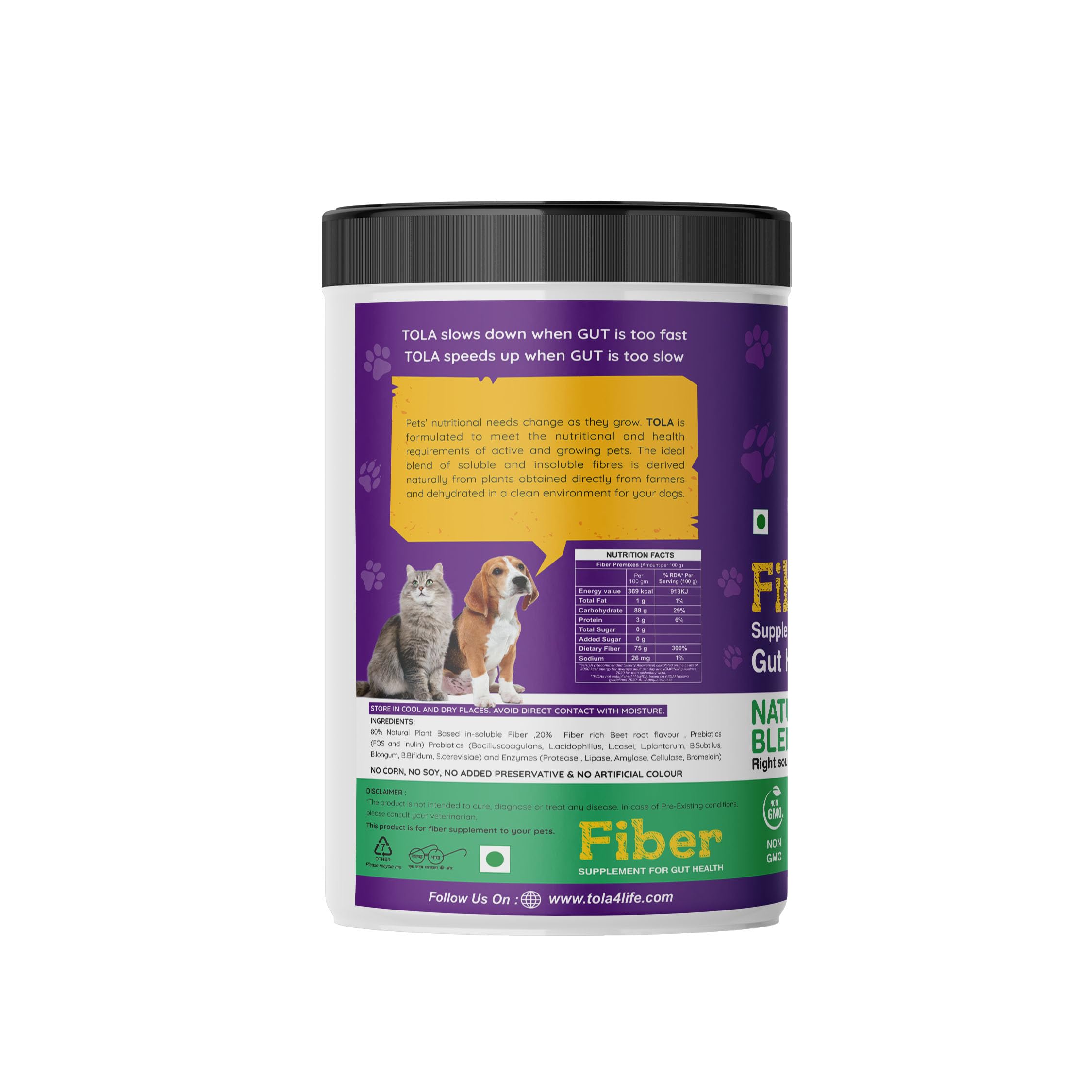Tola Fiber Dog Supplement & Cat Supplement | Natural Blend|Supports Digestion & Gut Wellness | 100% Human-Grade Ingredients | All-Natural, Gluten-Free | Suitable for All Breeds & Life Stages (200g)