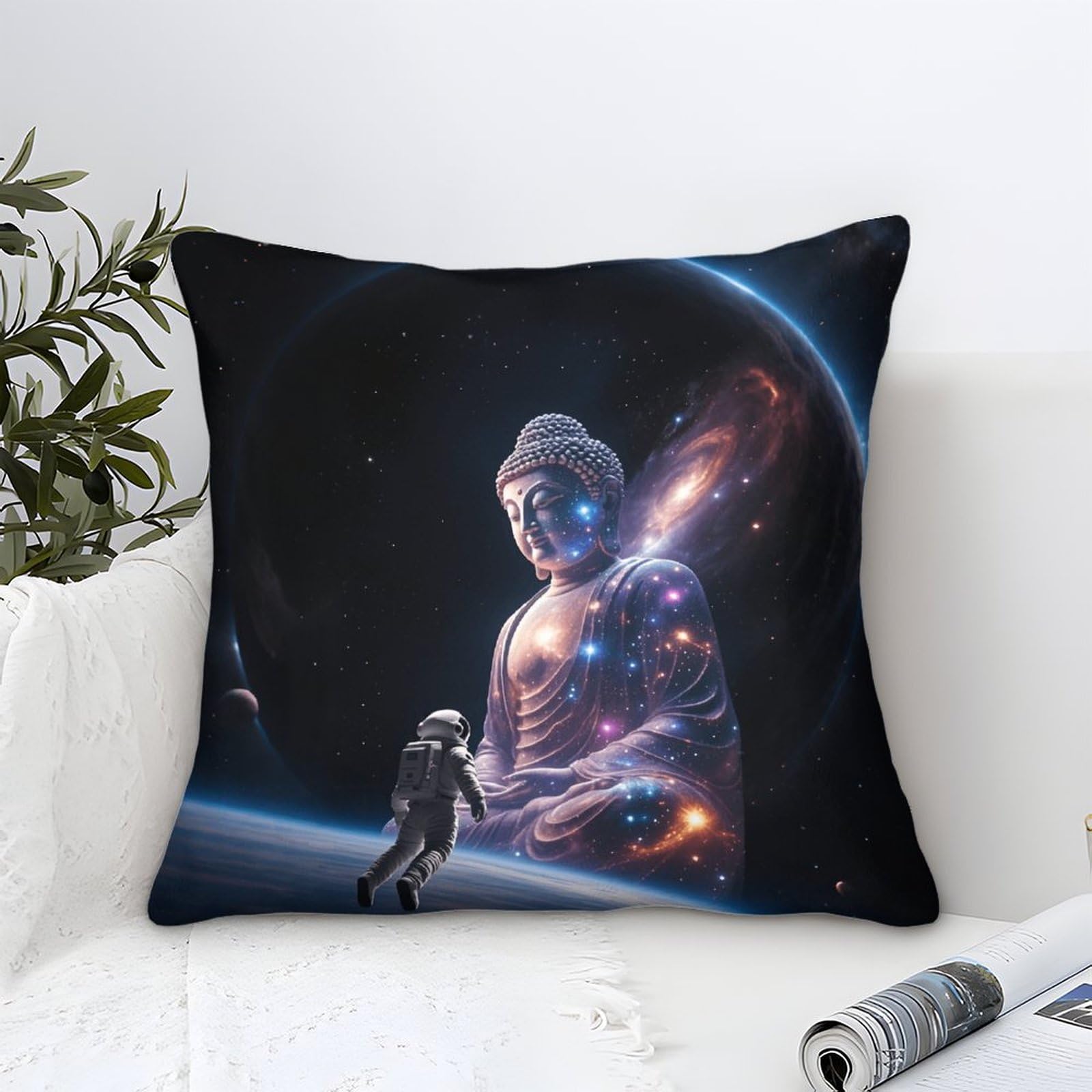 Dafufbw Buddha Printed Throw Pillow Covers Home Bedroom Living Room Decorative Gifts Square Pillow Case Shakyamuni In Outer Space, 40X40cm