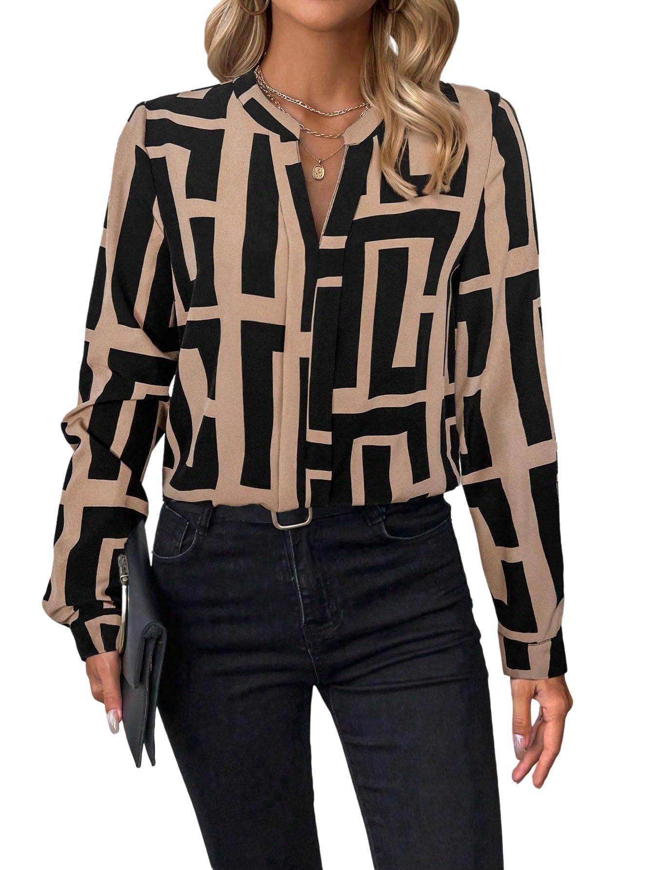 GORGLITTER Elegant Bluse Damen Langarm Blusenshirt Blusen Elegant Büro Langarmshirt Locker Blusen Oberteile Khaki XL