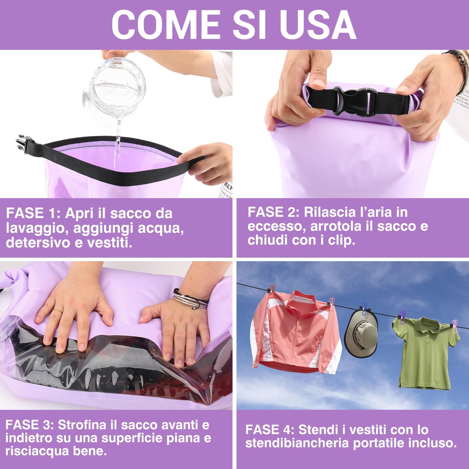 Wash Bag da Viaggio & Stendibiancheria Retrattile - Lavatrice Campeggio - Durevole Sacchetto Lavatrice da Viaggio - Lavatrice Manuale Portatil