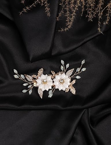 Miniatura 6 de Jumwrit Pinza para el pelo de boda con flores blancas, pasador de pelo de hoja de diamantes de imitación para boda, tocado hecho a mano, accesorios