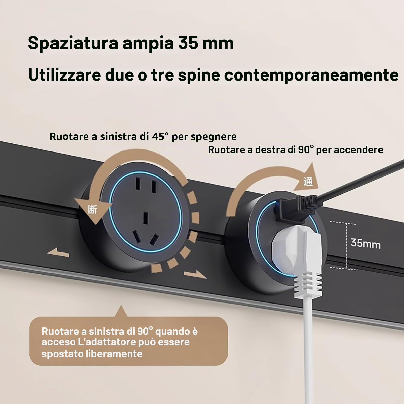 Binario Per Presa Elettrica Rimovibile Da 8000W, Prolunga Per Presa A Muro Mobile Con Porta USB E TYPE-C(Nero,60cm)