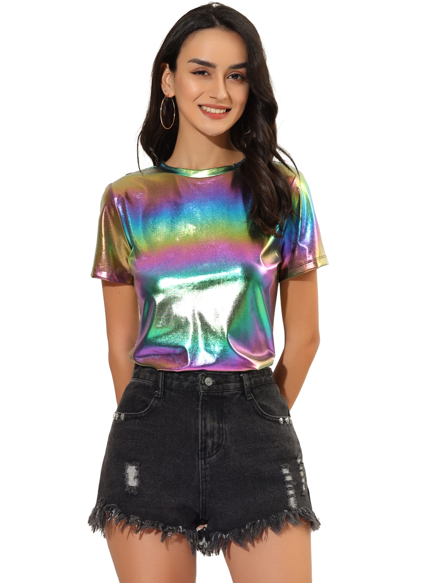 Allegra K Damen Weihnachten Sexy Metallic Party Top Outfit Festival Glitzer Kurzarm Rundhals T-Shirt Oberteil Bluse