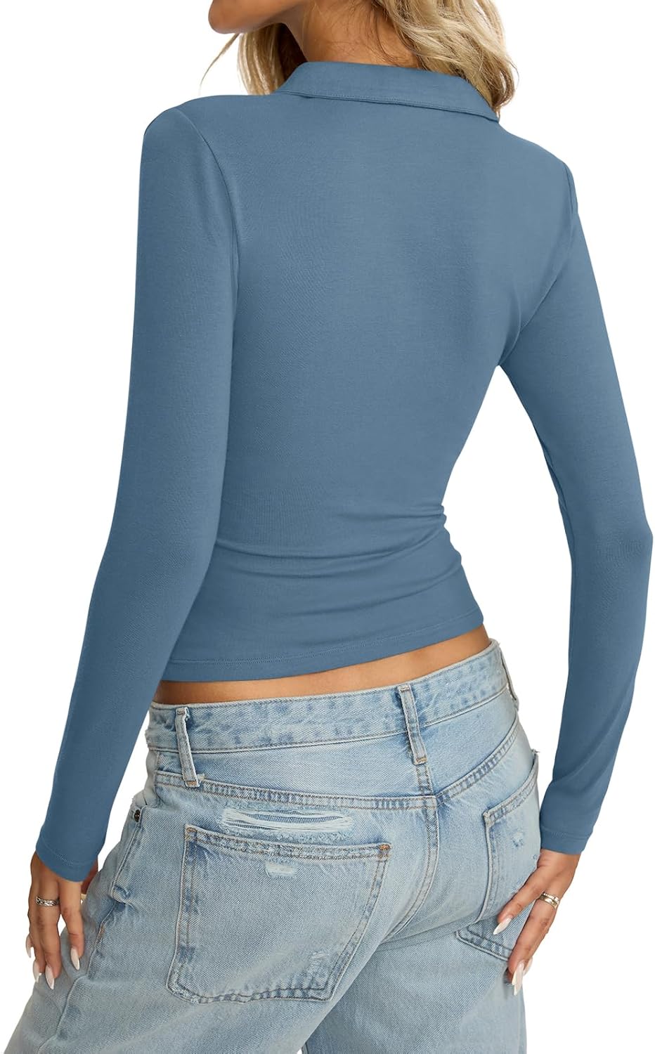 Womens Cotton Polo Collared Shirt Long Sleeve Sexy Deep V Neck Top Button Up Slim Fitted Tee Business Casual Outfit - Image 6