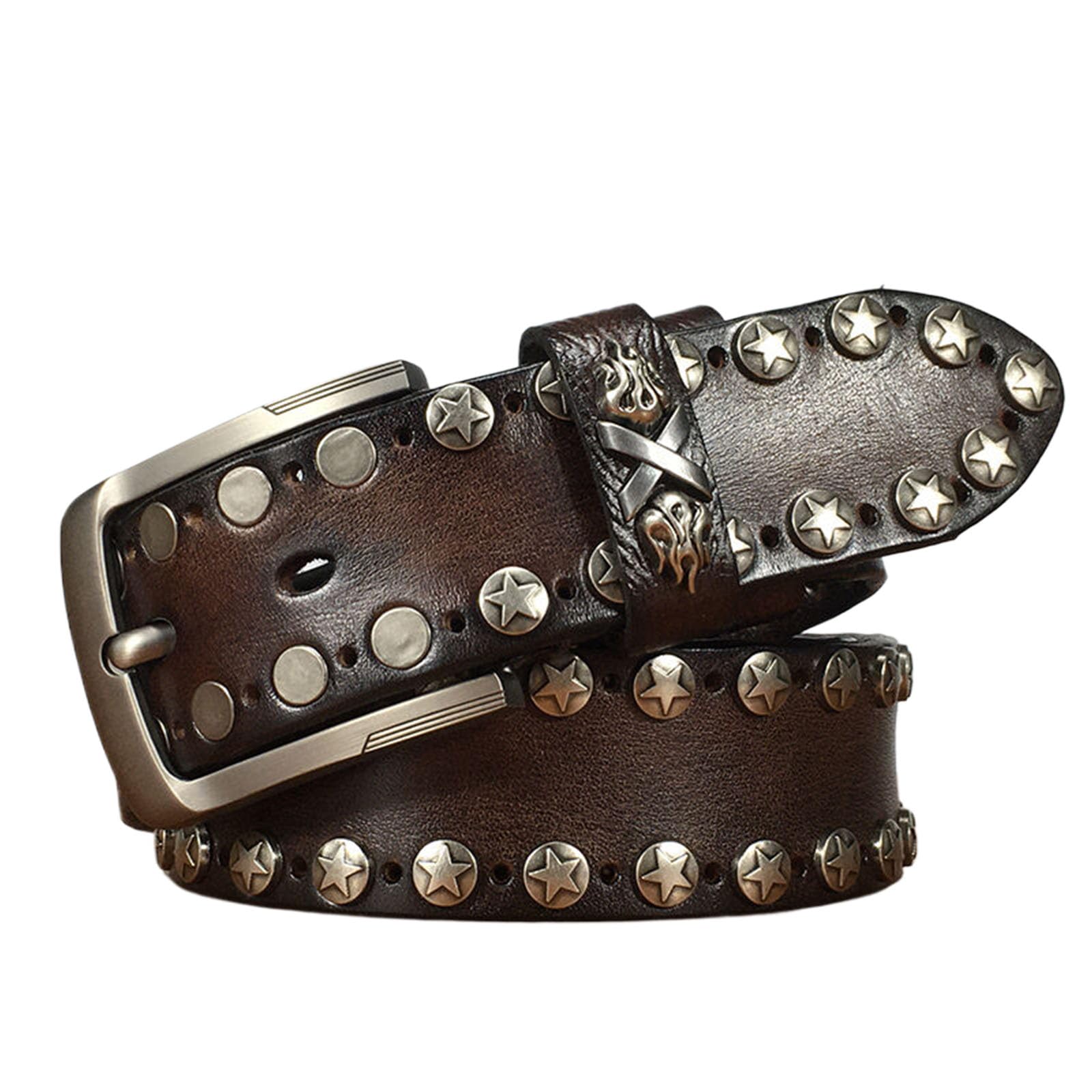 Jiary Unisex Brown ,120Cm/47.3'',Mens Studded Belt, Leather Biker Round Rivet Punk Belt For Men Casual With Metal Alloy Pin Buckle