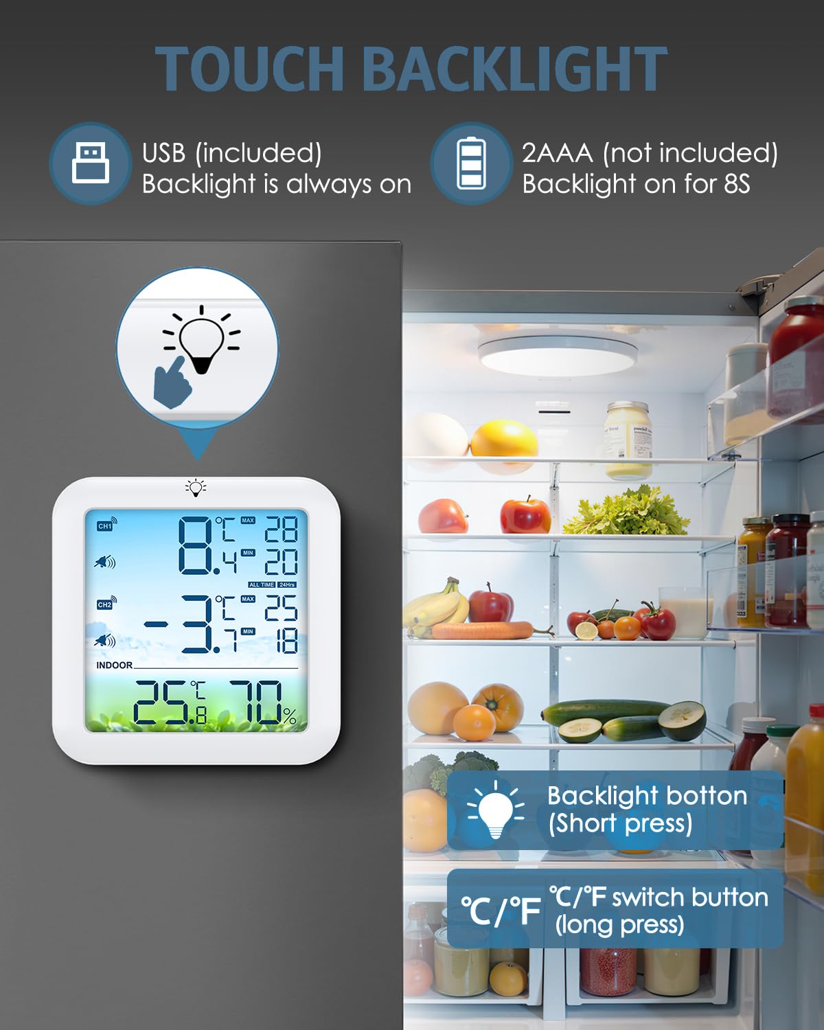 Digitale Kühlschrankthermometer,Temperaturalarm Farbbildschirm Anzeige mit 2 kabellosen Sensoren,℃/℉,MIN/MAX,Hausgebrauch Innen und Restaurant