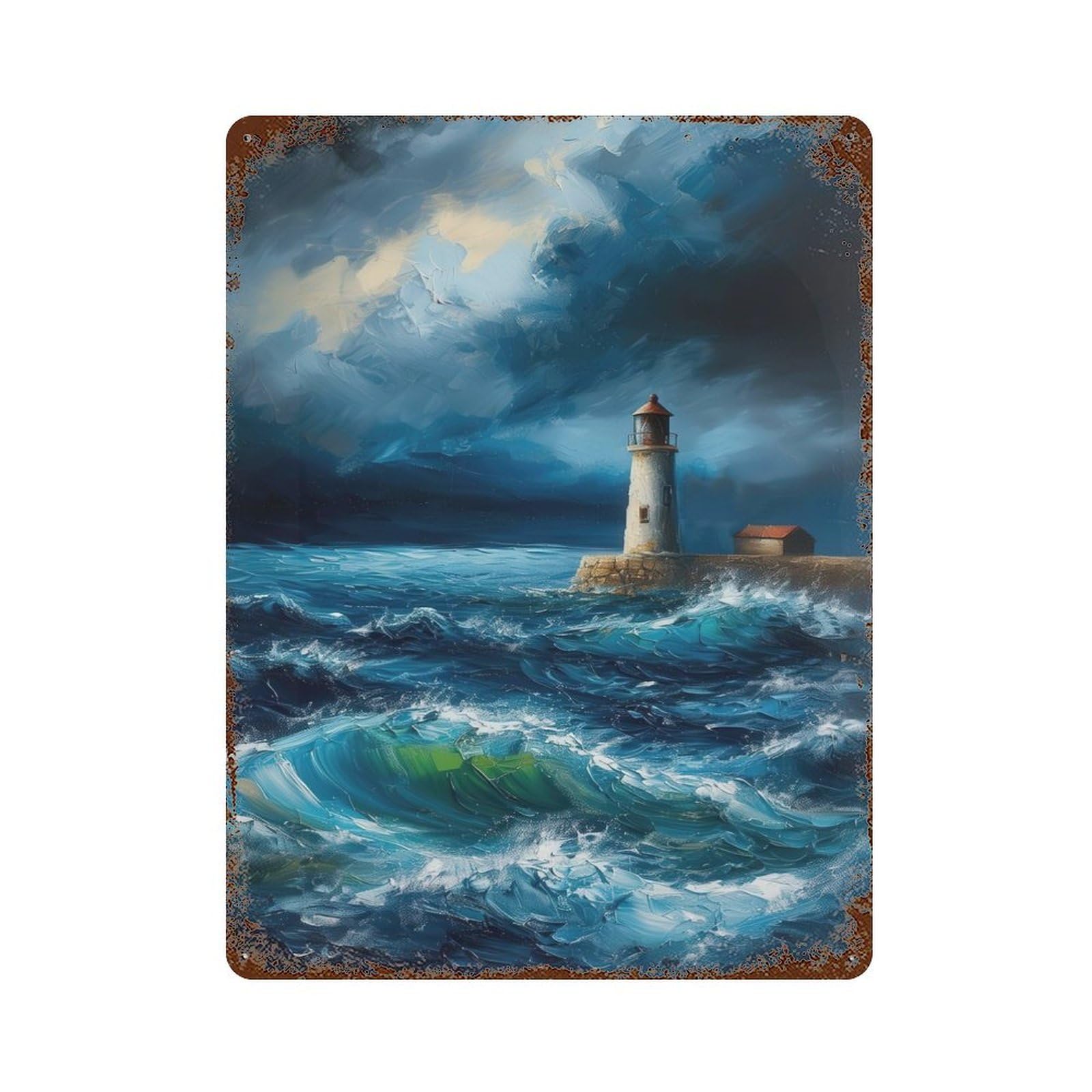 Garage Style Lighthouse Painting Rusty Metal Tin Sign 15.7"x11.8", Farmhouse Wall Decor for Bar And Workshop