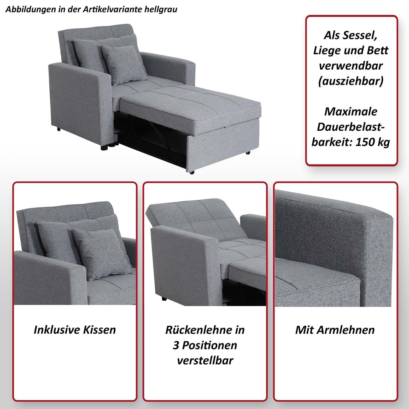 Mendler Fotel do spania HWC-L90AM, składany fotel z funkcją spania, łóżko dla gości, fotel relaksacyjny, powierzchnia do leżenia 197 x 103 cm, materiał/tkanina – ciemnoszary