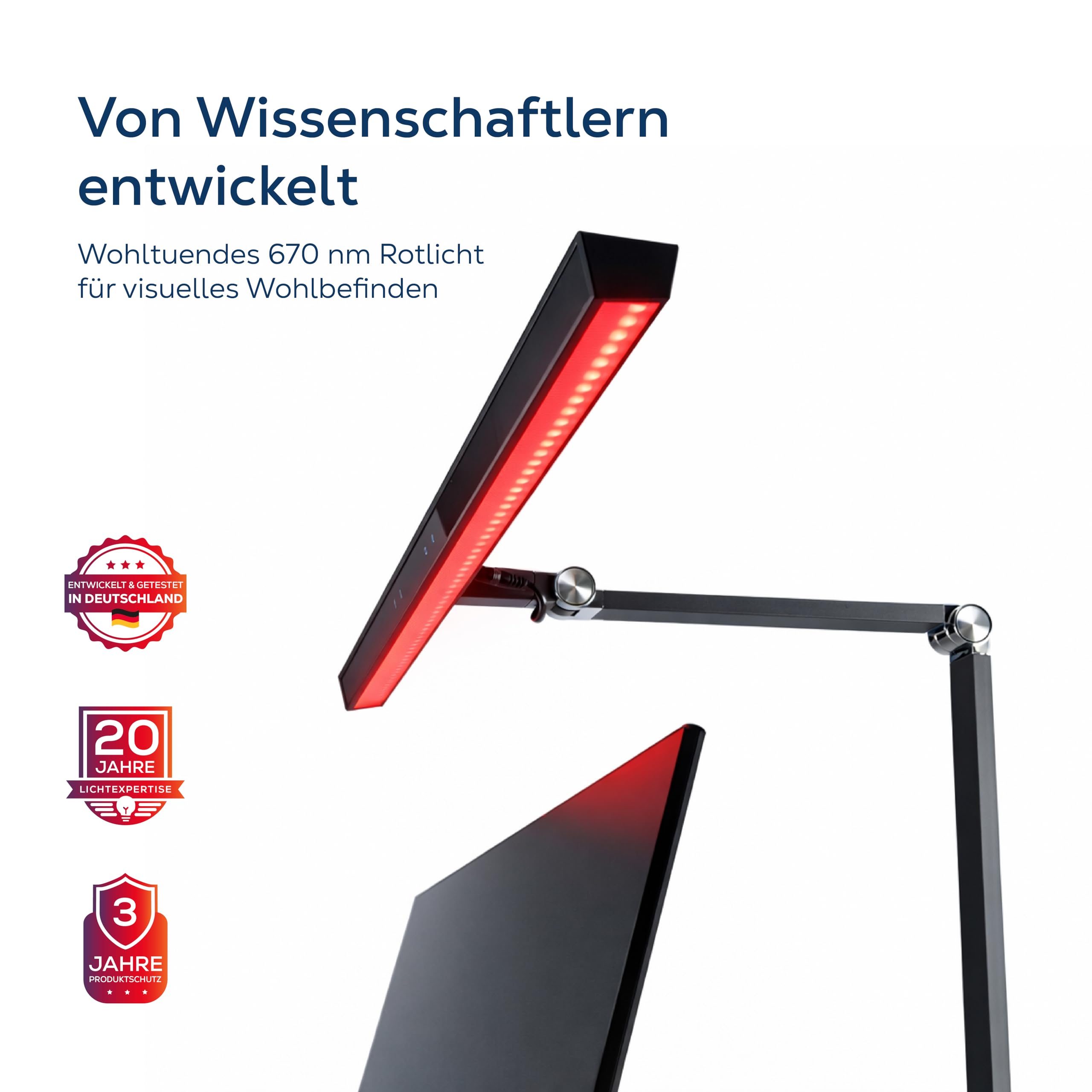 AddRed Schreibtischlampe – Augenfreundliche LED Arbeitsplatzlampe für entspanntes Arbeiten am Bildschirm – Vollspektrum Weißlicht (3000K, Ra98) & 670 nm Rotlicht