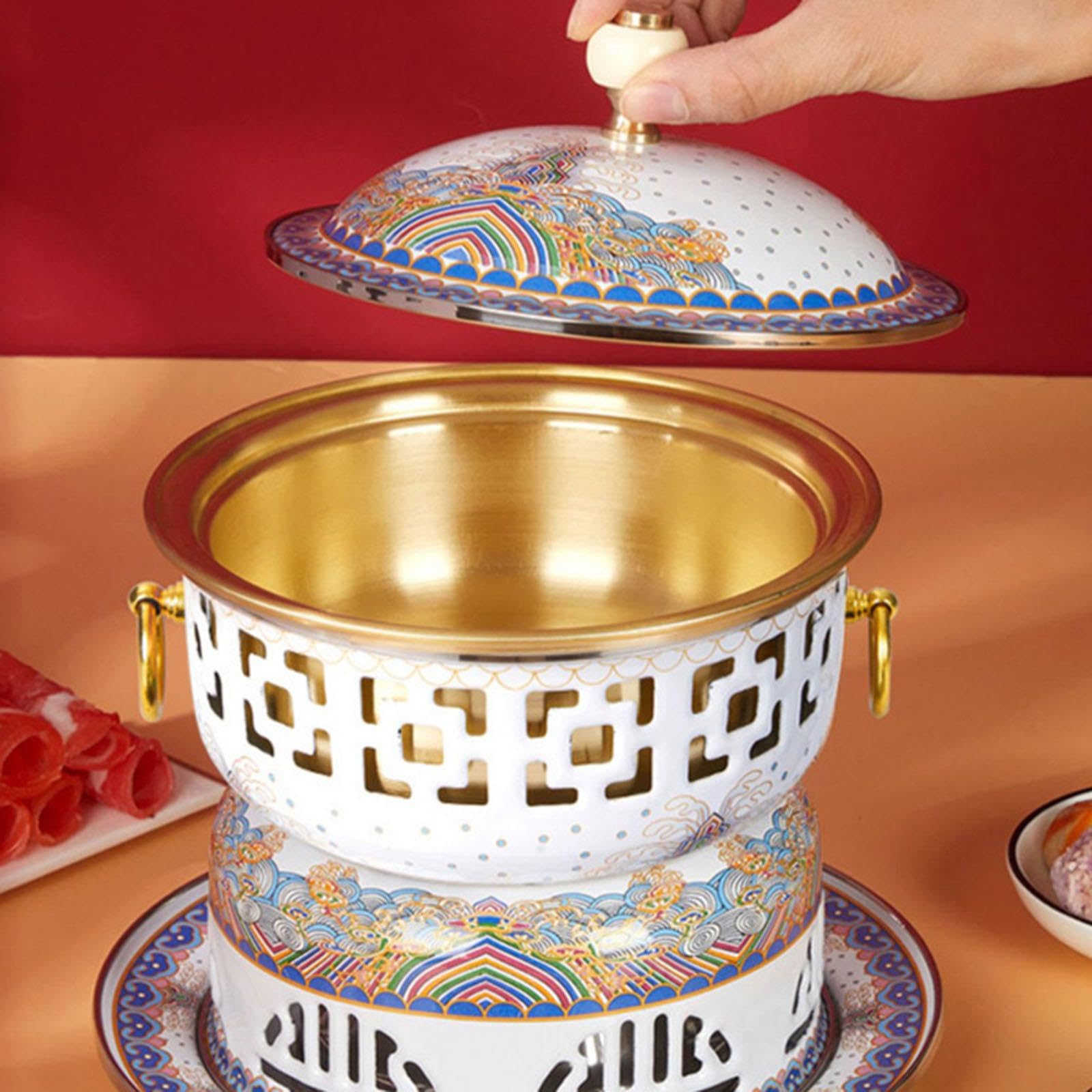 Pentola Calda In Rame Piccola Portatile, Pentola Calda In Rame Cinese per Persona Singola, Vecchia Stufa Ad Alcool di Pechino Pentola Tradizionale Cloisonne, per Dormitorio, Viaggi All'aperto, Feste,E
