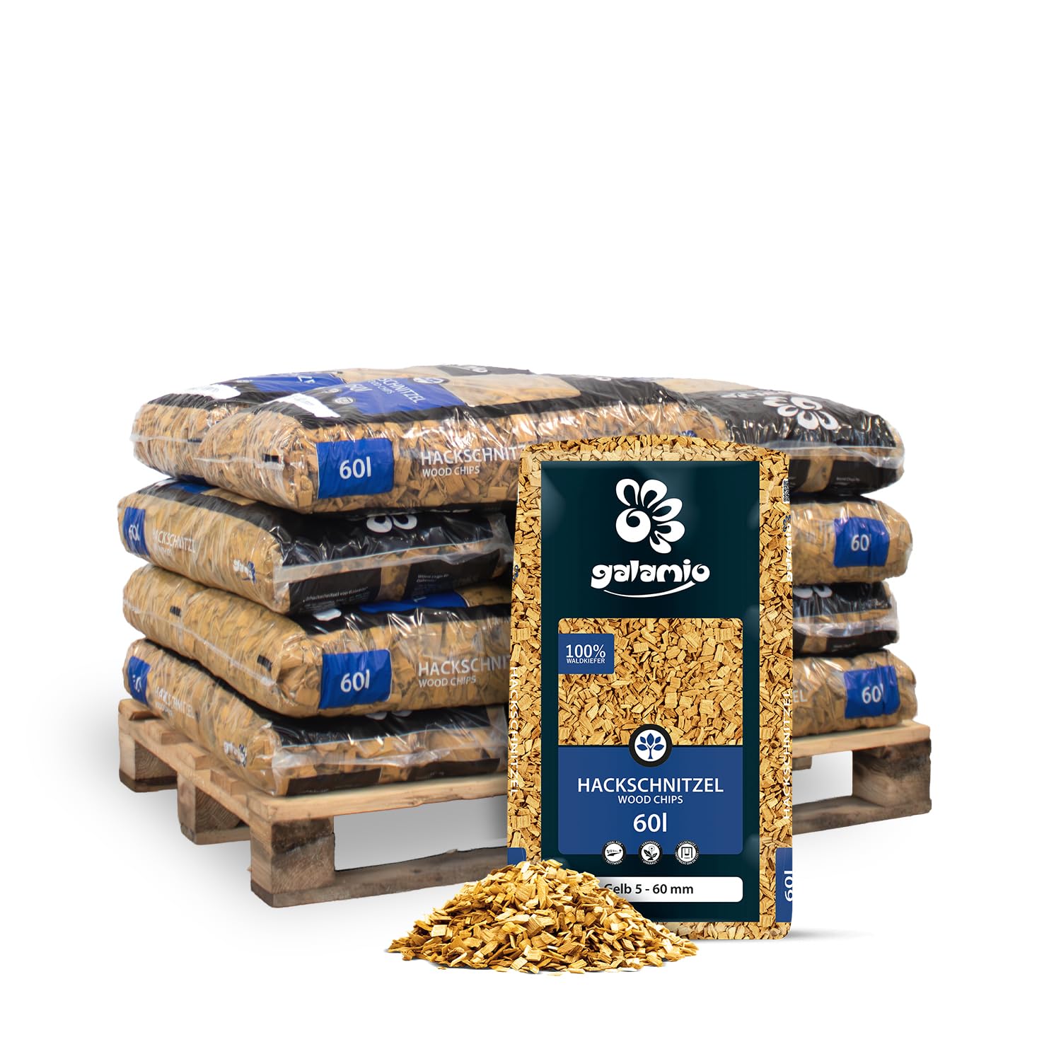 GALAMIO Holzhackschnitzel Gelb Kiefer 5-60 mm- 720L (12 x 60L) - Farbiger, natürlicher Unkrautschutz