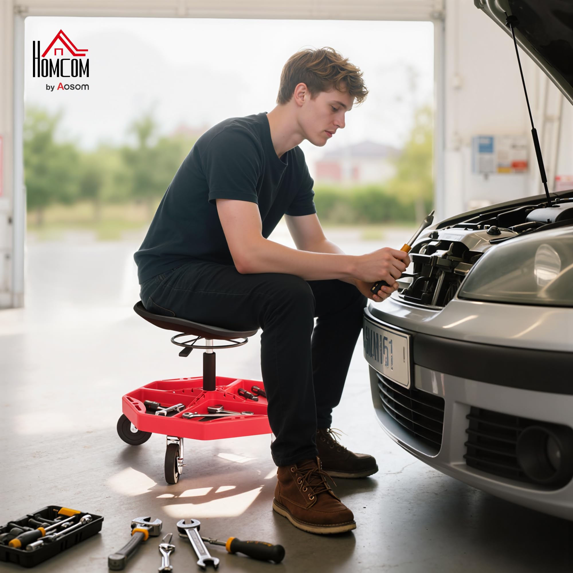 HOMCOM Sgabello da Officina Mobile con Vassoio Magnetico, Altezza Regolabile 52-59,5 cm, carico 135 kg, Sgabello da Meccanico con Ruote, per Garage, riparazioni automobilistiche, Rosso