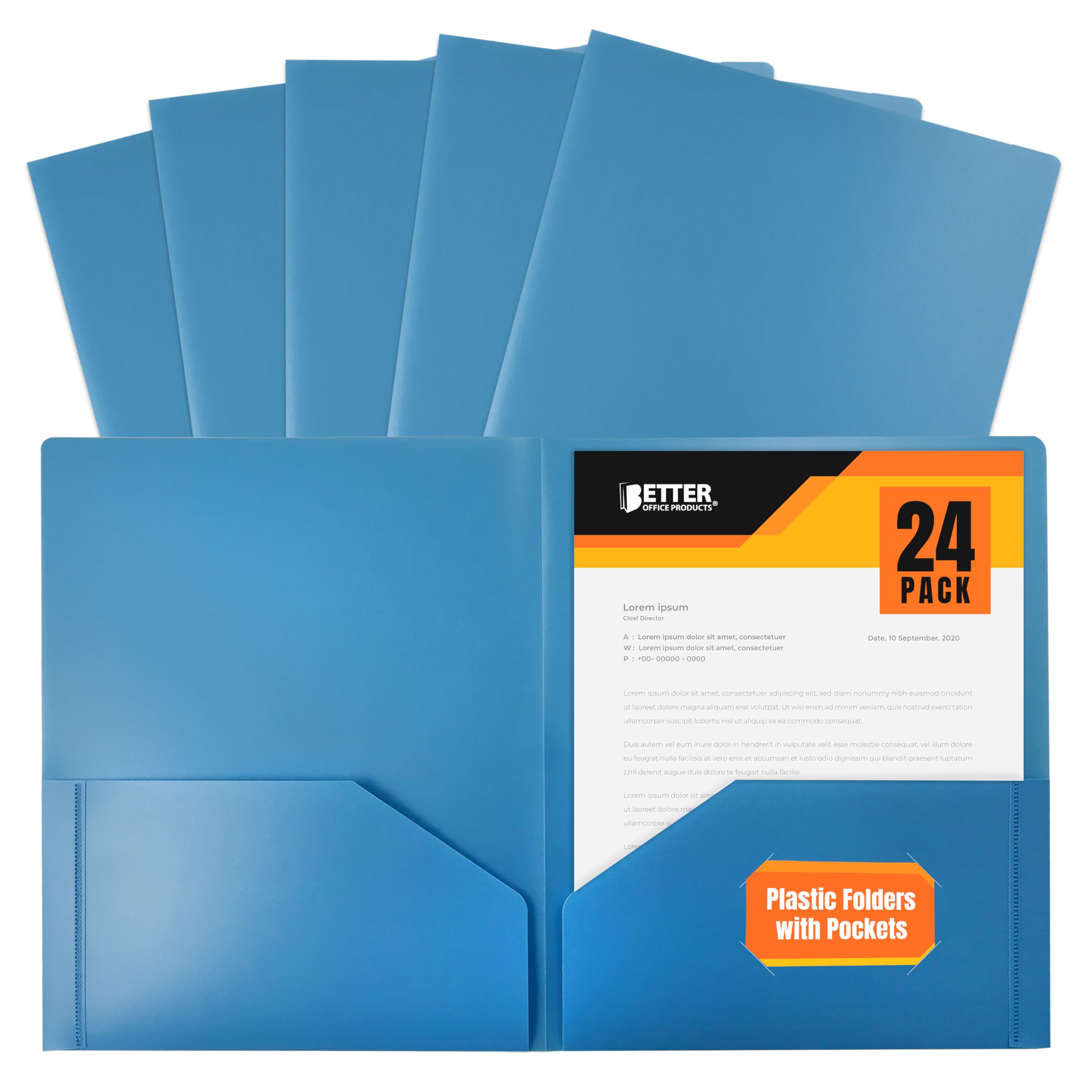 Better Office Products Heavyweight Light Blue Plastic 2 Pocket Portfolio Folder, 24 Pack, Letter Size Poly Folders, 24 Pack, Light Blue