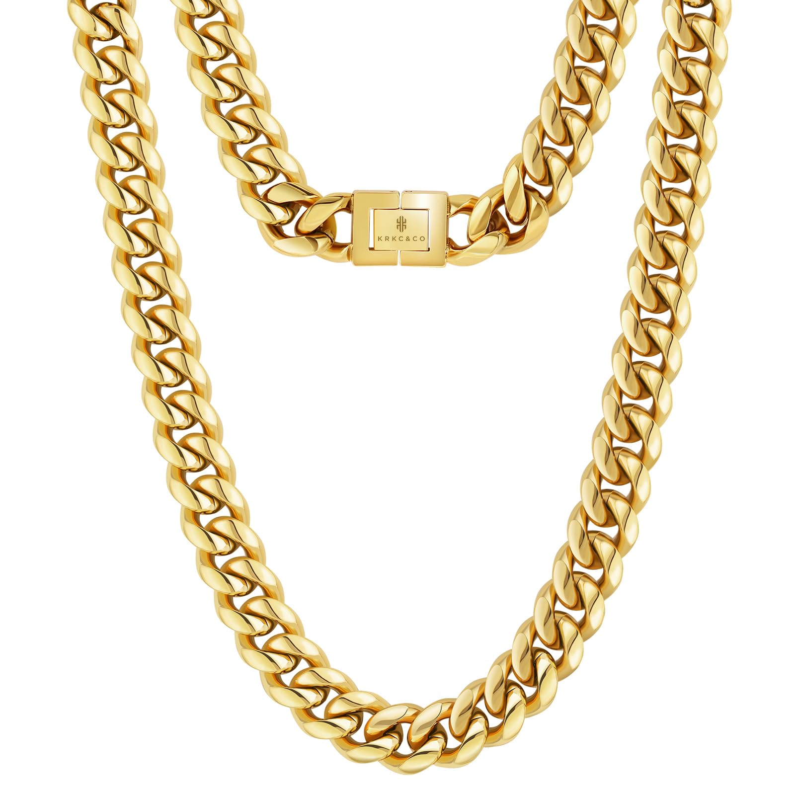 KRKC&CO Cuban Link Chain for Men 8/10/12/14mm, Brithday Gift for Men, 18k Gold Miami Necklace, Durable, Anti-Allergies Hip Hop Jewelry for Mens