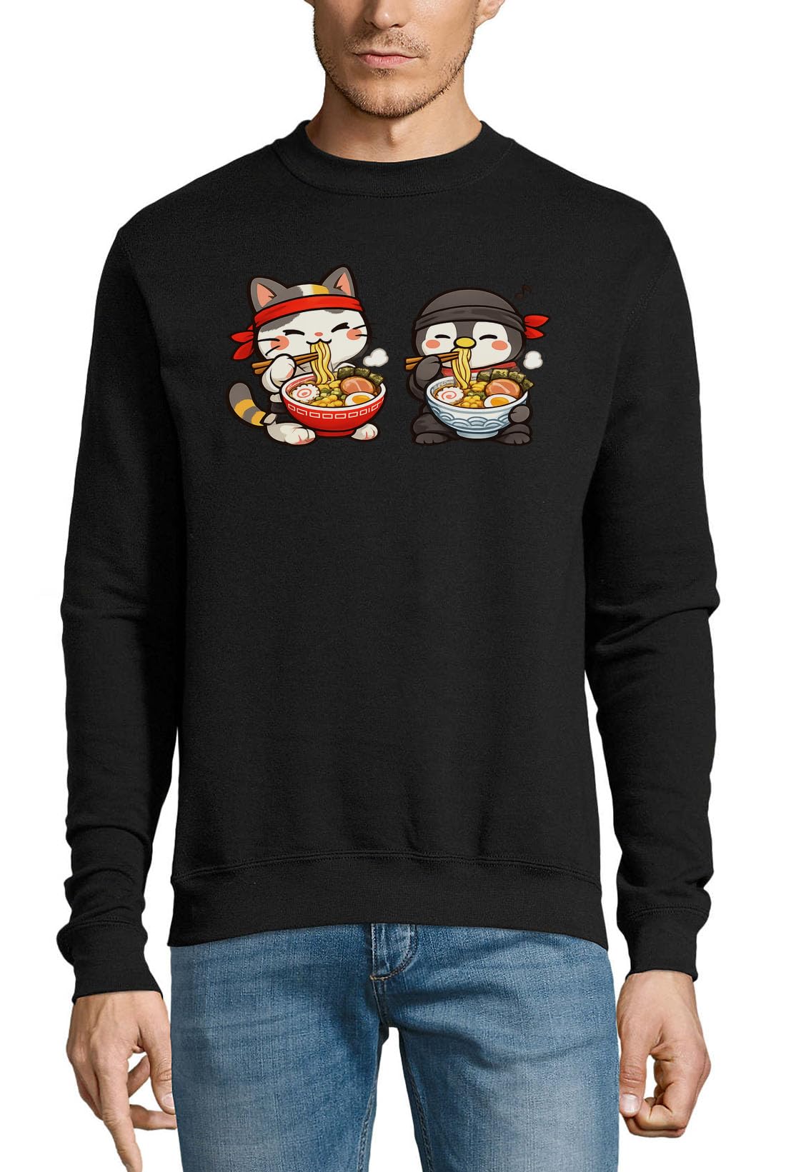 Süßes Katzen- und Pinguin-Essen-Nudeln, Baumwollpullover, Sweatshirt, Pullover, Pullover, Schwarz