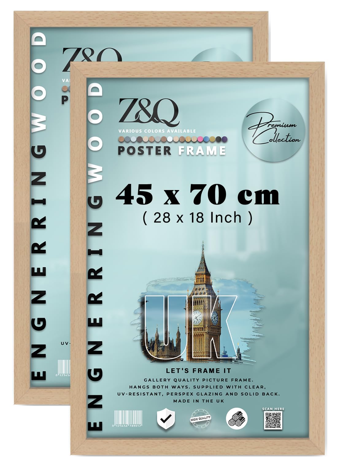 Z&Q Pack of 2 Flat Durable MDF Wood (45 x 70 CM) Poster Frame | Stylish Wall Décor 28 x 18 Inch for Home Décor, Art, and Wall Gallery [ Beech ]