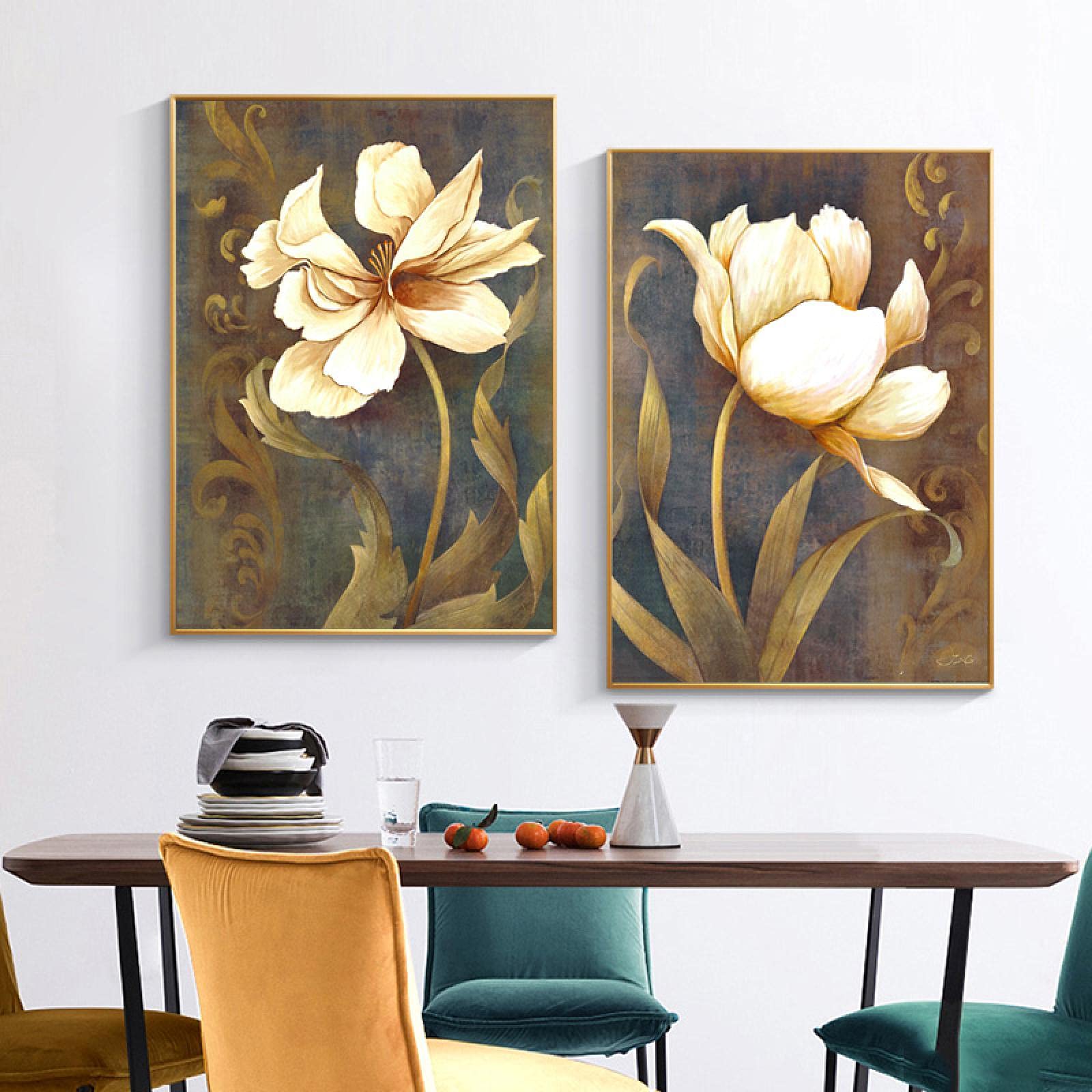 Lienzo con marco Retro Flor dorada Cartel Planta Lienzo Pintura Arte de la pared Imágenes Sala de estar Decoración del hogar 60x80cmx2pcs Marco interno