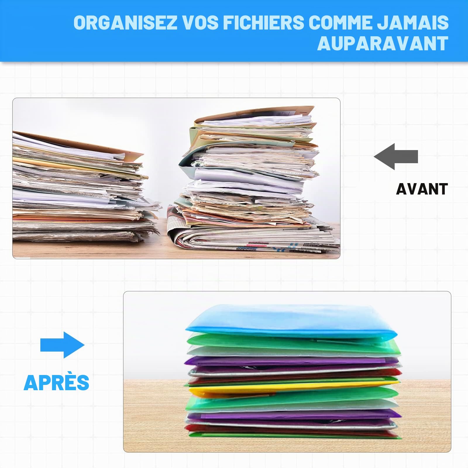 Pochette Plastique A4, Pochette Dossier à Rabat avec Bouton Pression, Chemise Cartonnée A4 à Rabat pour Maison, Bureau, Ecole(Lot de 12)