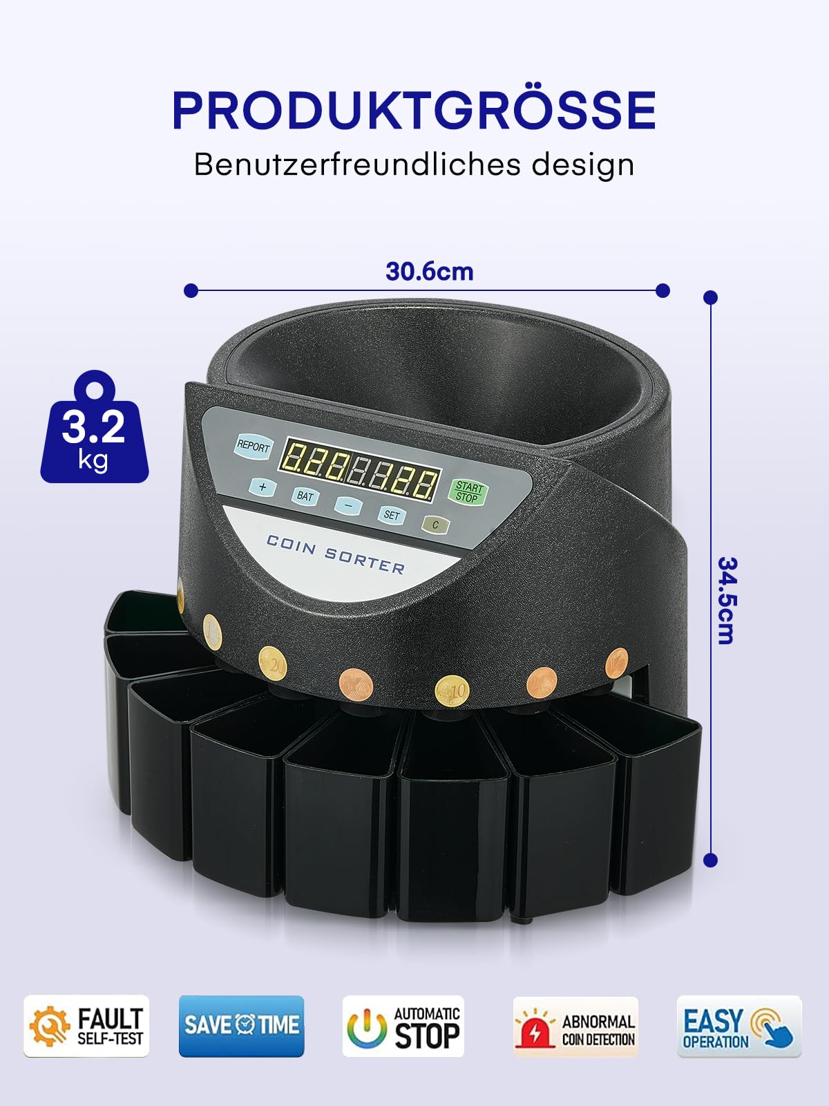 Münzzähler Euro Sortierer, Geldzählmaschine Münzen Sortierer 800 Münzen Kapazität, Münzen Zählmaschine mit 8 Auffangboxen, münzzählmaschine für Schulladenbank, schwarz, U-Bahnen