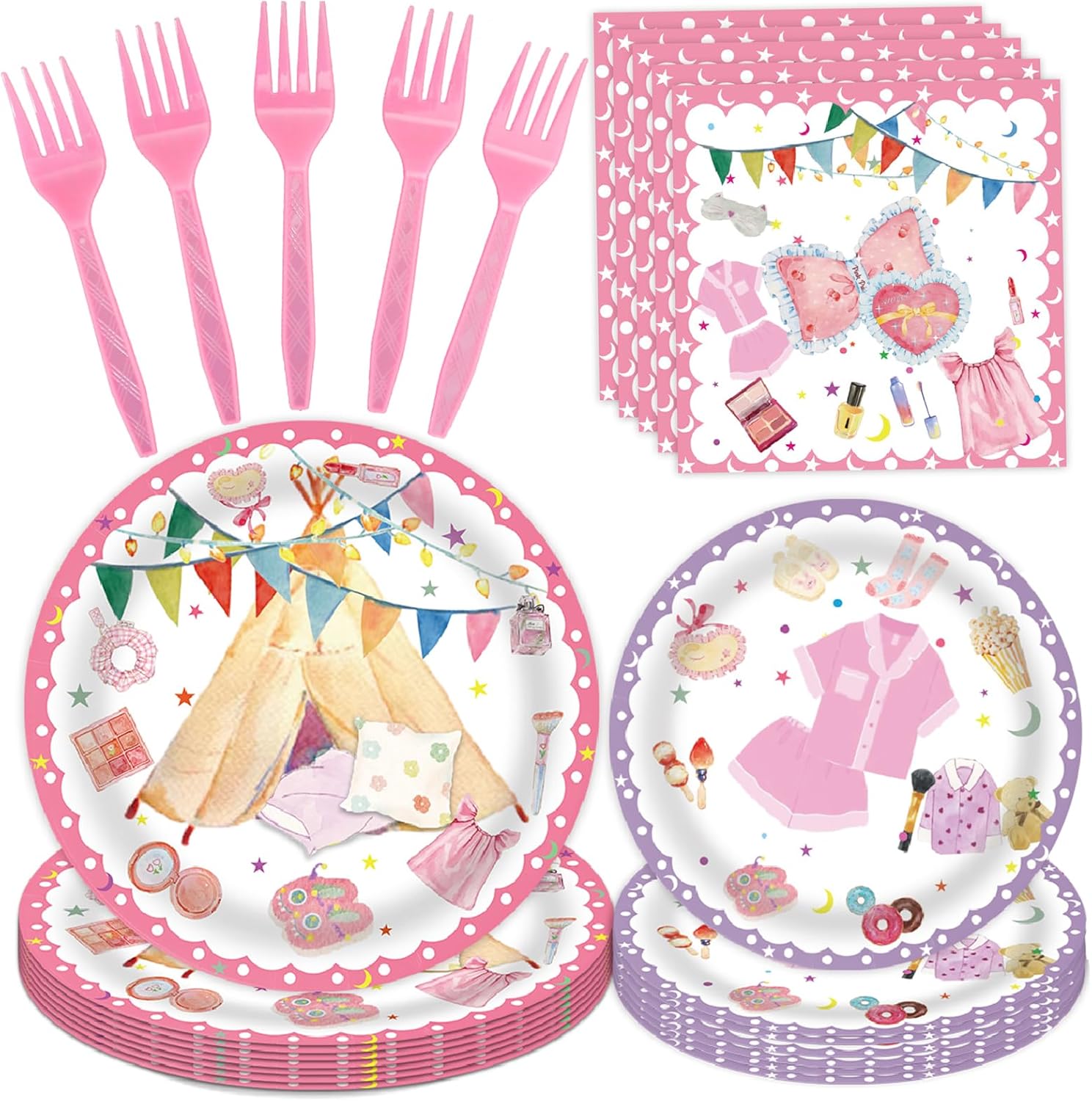 96 Pcs Slumber Party Decorations Pack for Girls, Sleepover Pajama Birthday Party Supplies Includes Slumber Plates, Slumber Napkins, Forks for Girls Sleepover Themed Party Supplies, Serve 24