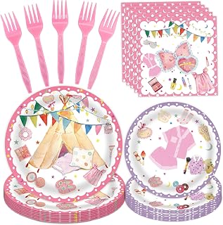 96 Pcs Slumber Party Decorations Pack for Girls, Sleepover Pajama Birthday Party Supplies Includes Slumber Plates, Slumber Napkins, Forks for Girls Sleepover Themed Party Supplies, Serve 24
