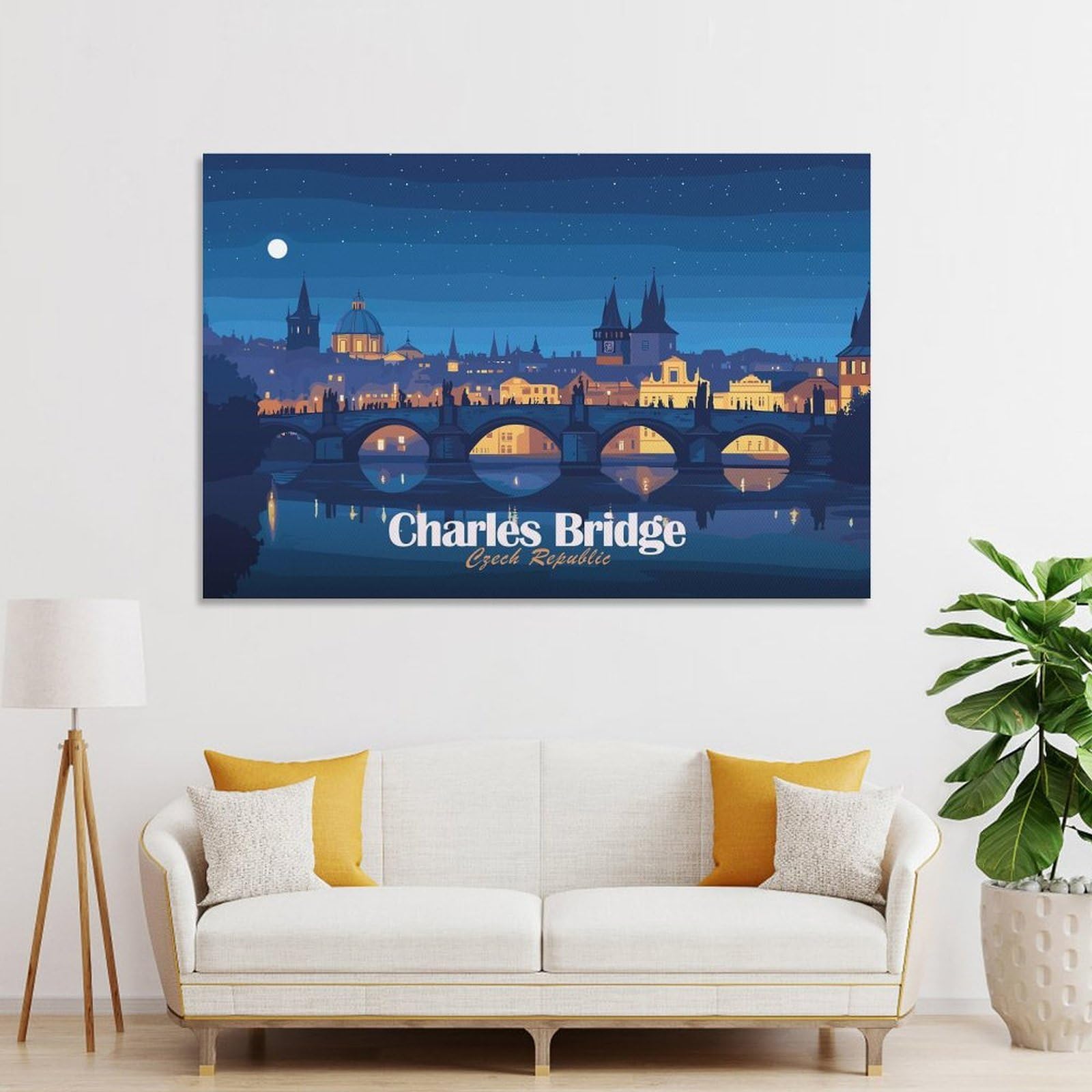 Junmoney Unframe-Style-17 Hanging Wall Art Charles Bridge, Czech Republic At Night, 24X36inch(60X90cm), For Gallery Wall Layouts In Home Or Office, An Easy Match For Collected Prints