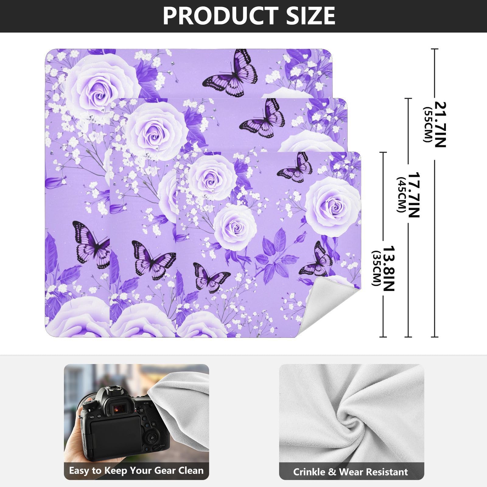 ODAWA Makeup Wrap Cloth Bag 13.8. In, Light Purple White Roses Magic Self-adhesive Storage Protective Cloth, Easy-Storage Magic Cloths for Camera Tablet Laptop