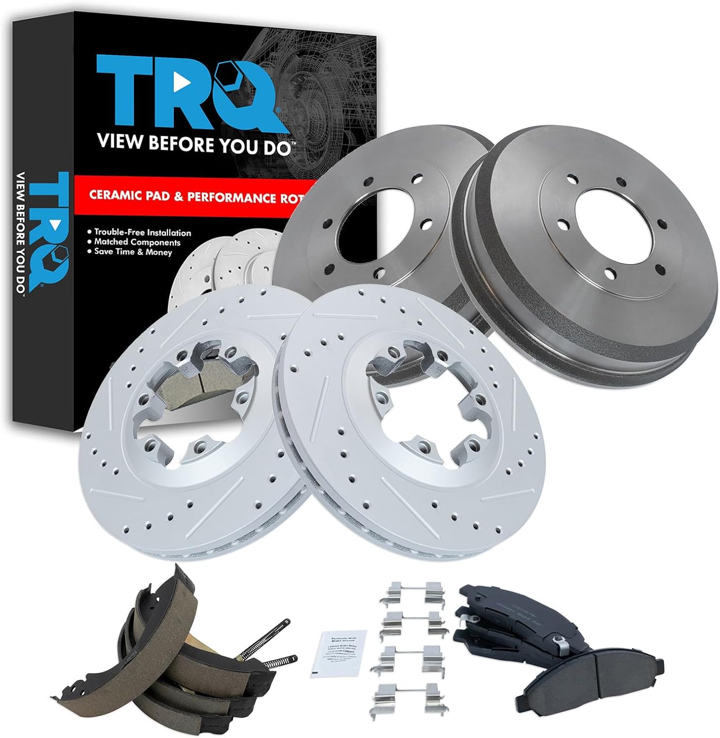 TRQ Performance Brake Pad & Rotor, Shoe & Drum Kit Compatible with Chevrolet GMC Isuzu