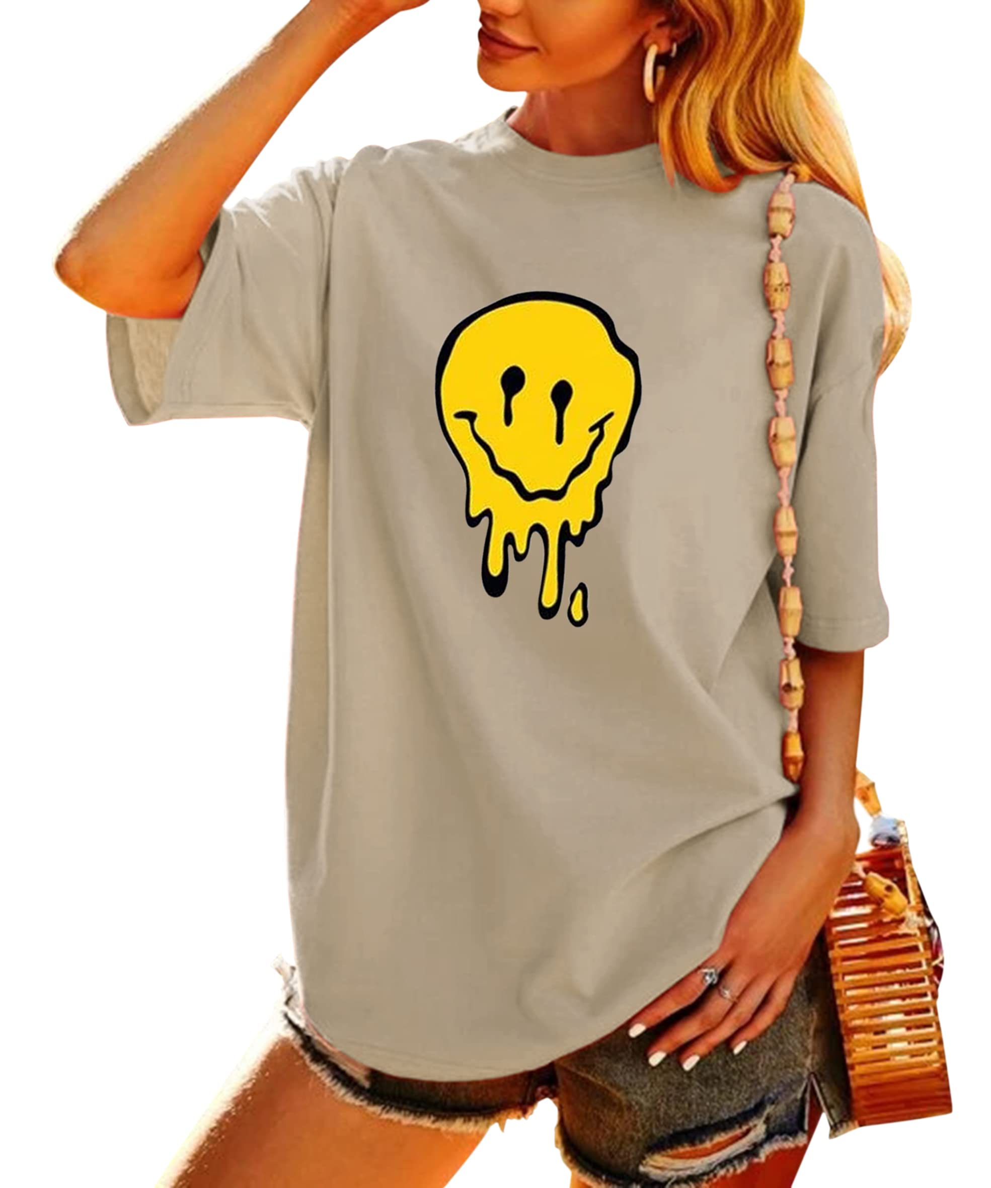 MeladyanWomen Oversized Graphic Print Tee Short Sleeve Round Neck Loose Drop Shoulder Casual Summer T-Shirt Top